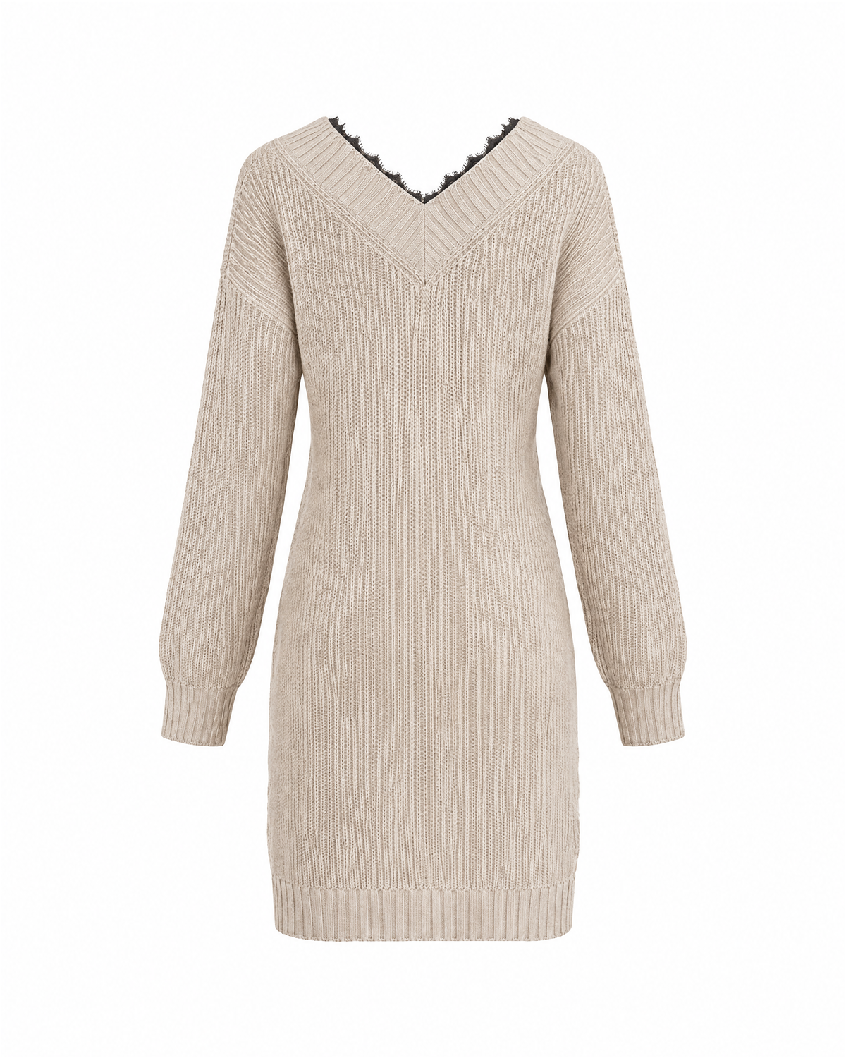Beige deep V-neck sweater dress, back view showing the back V with black lace edging and the plain rib knit back