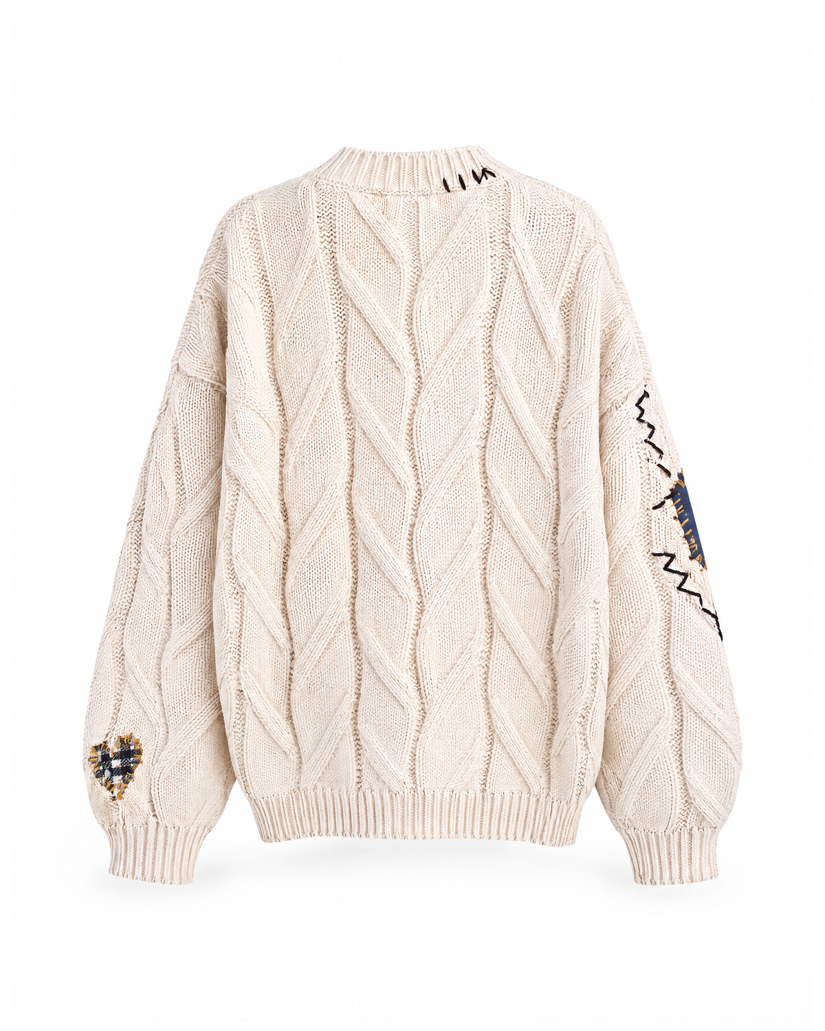 Cream embroidered cable knit cardigan, back view: plain cable-knit back, stitched collar, navy patch on one sleeve and a plaid heart patch on the other