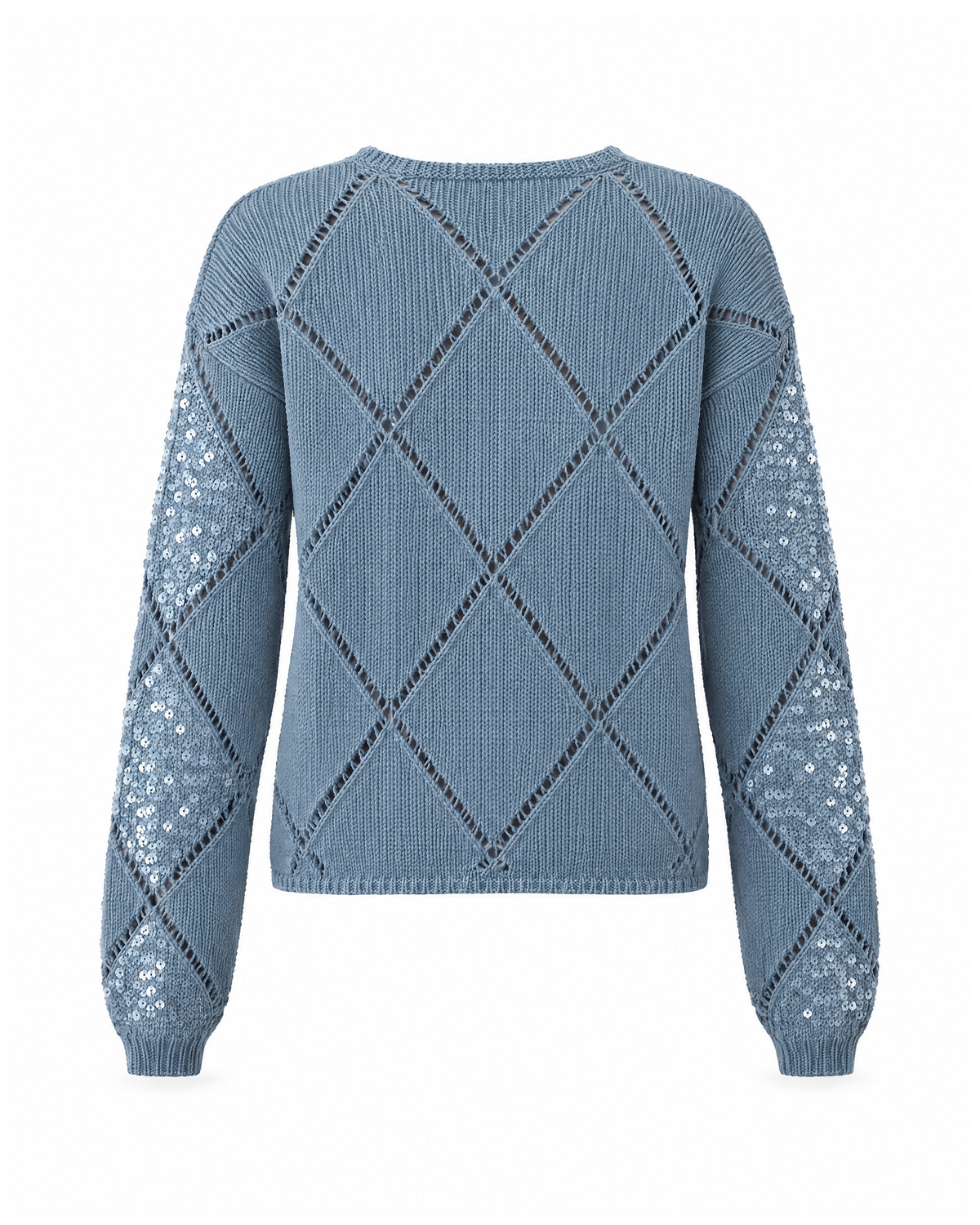 Blue sequin argyle sweater, back view: plain eyelet diamond lattice on the back, sequins on the sleeves