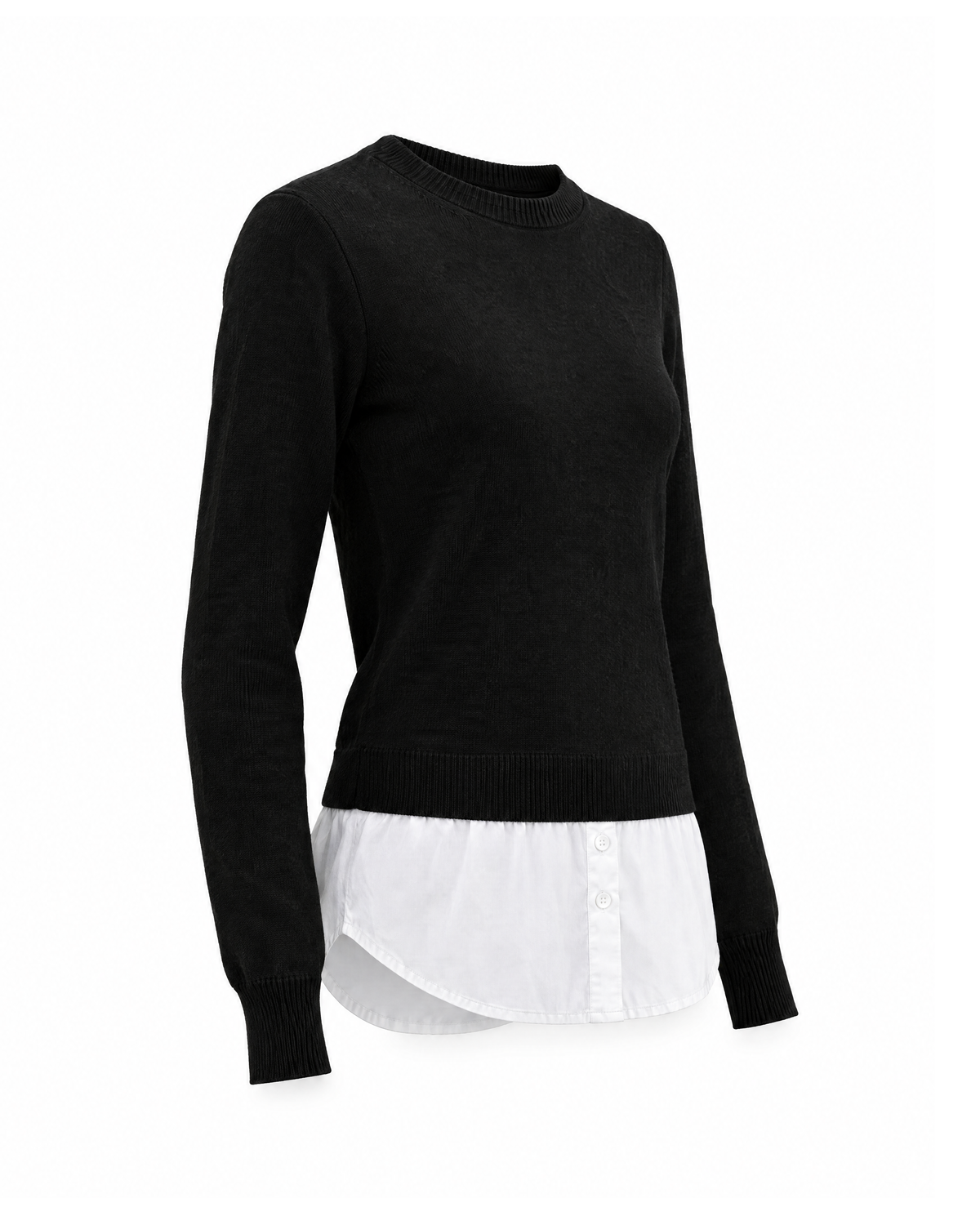 Black shirt hem sweater, three-quarter side view showing the slim sleeve and the curved white shirttail below the ribbed knit band