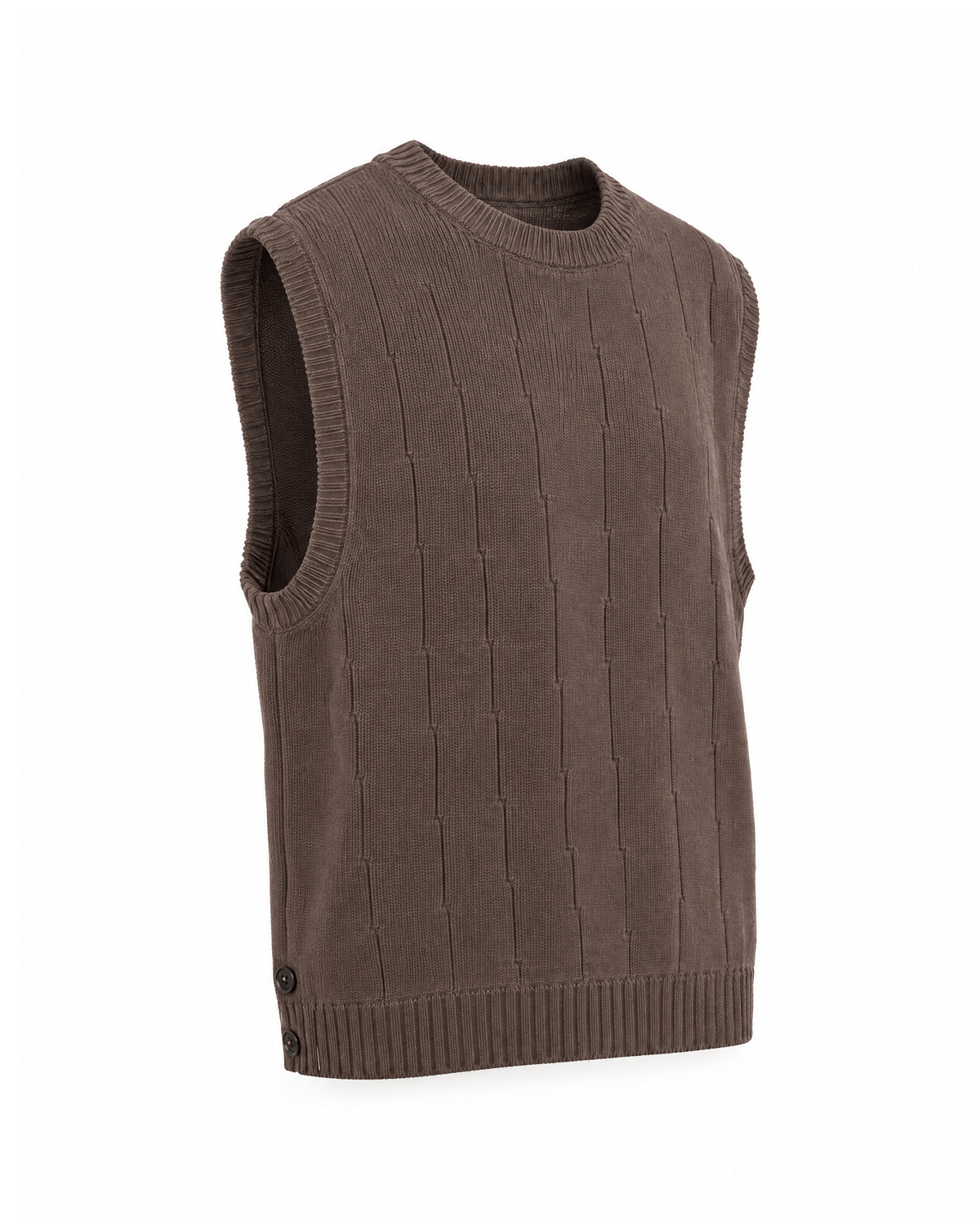 Men's brown ribbed sweater vest, three-quarter side view showing the two small buttons on the side seam above the ribbed hem