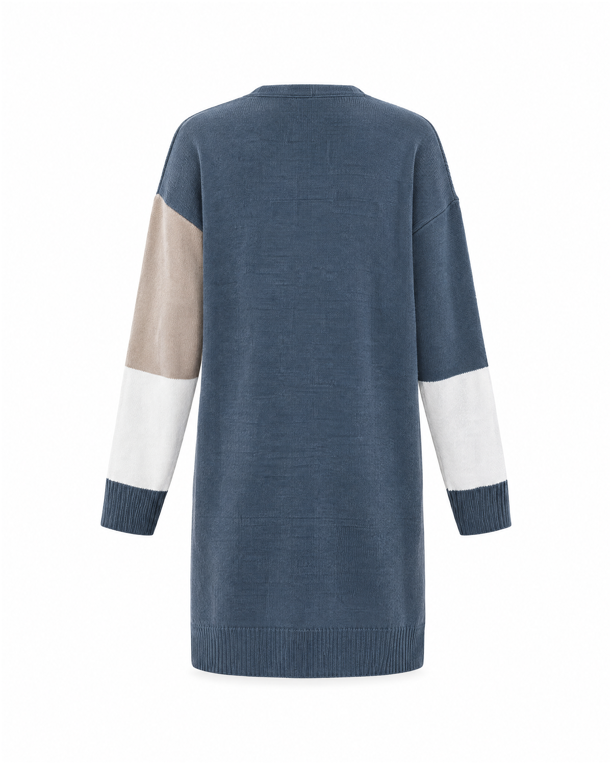 Blue/White/Beige color block open-front cardigan, back view: solid slate blue back with beige-and-white and blue-and-white sleeves