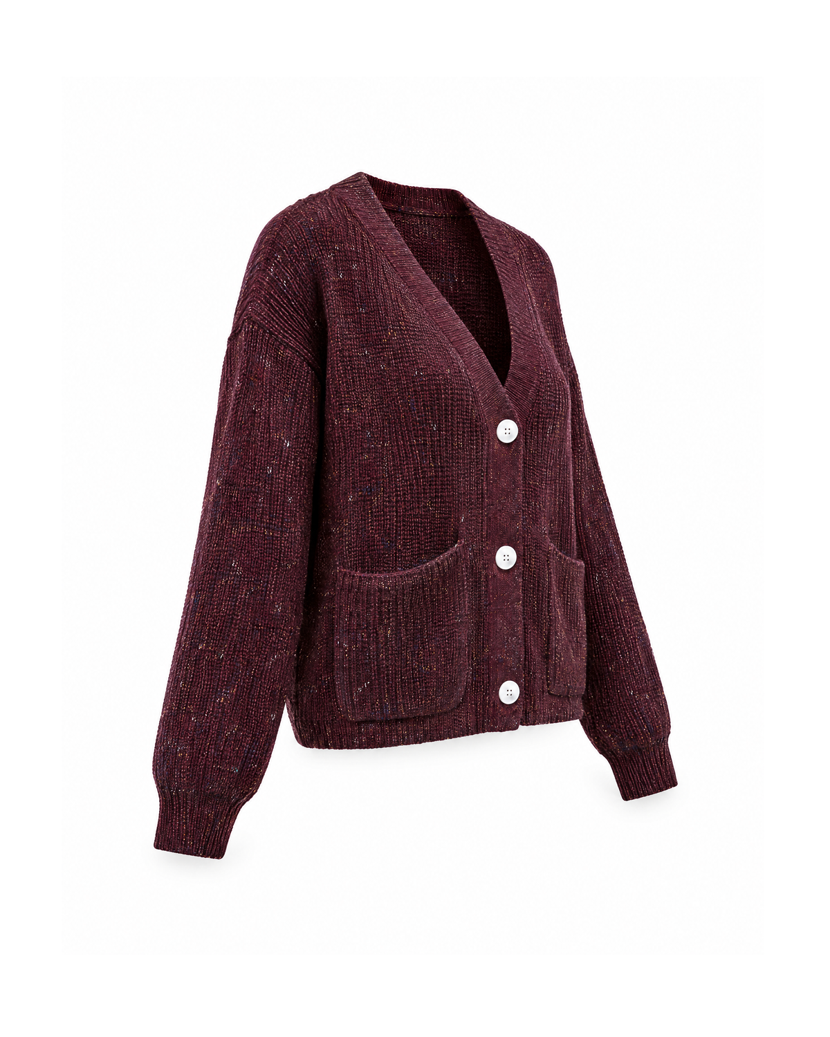 Burgundy V-neck button cardigan, three-quarter side view showing the dropped shoulder, patch pocket and ribbed cuff