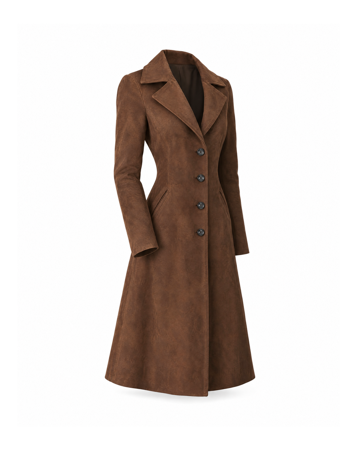 Brown suede-effect trench coat seen from a three-quarter angle on a white background, showing the shaped waist, side seam and A-line flare to the knee-length hem.
