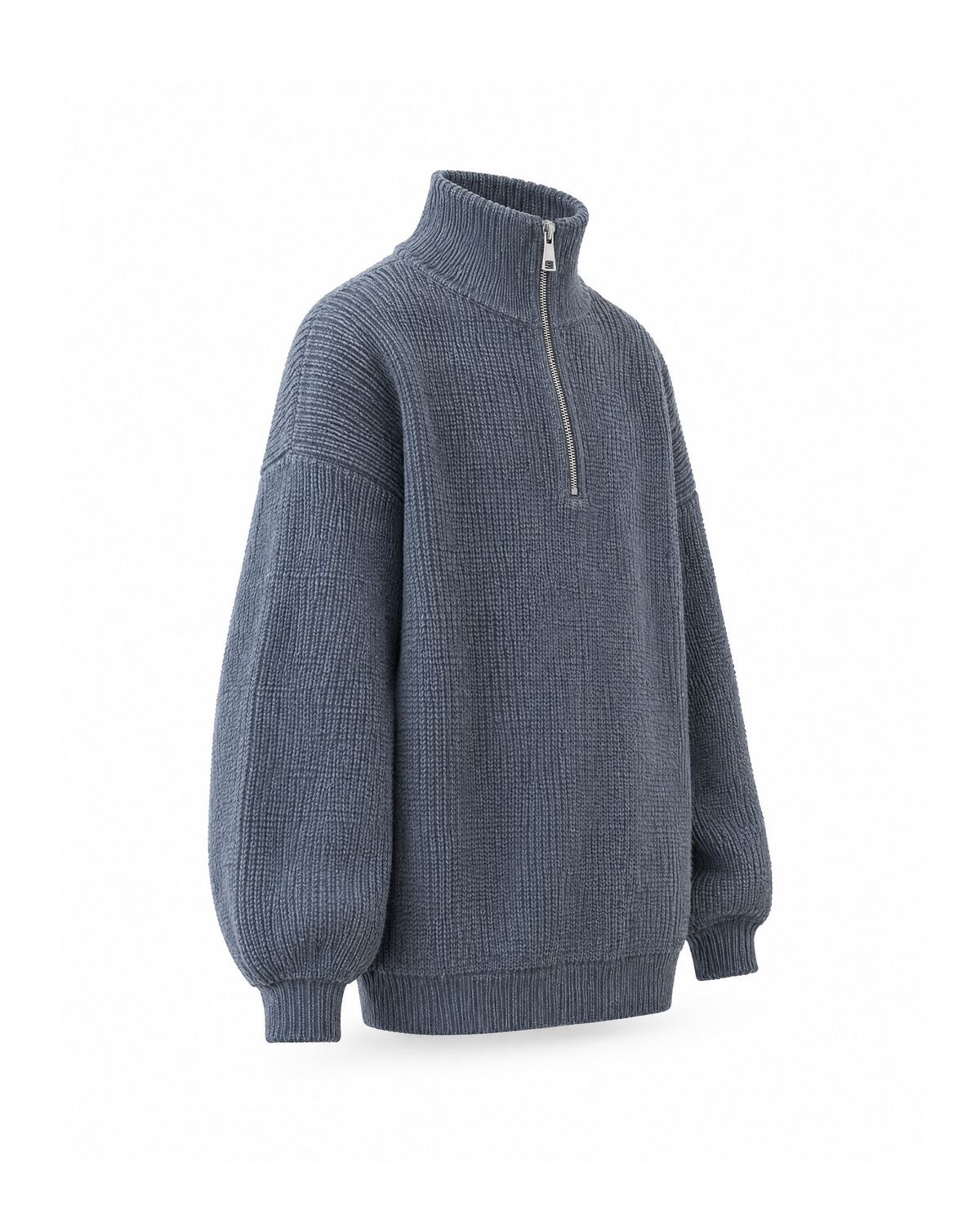 Grey half-zip sweater with a stand collar, three-quarter view showing the dropped shoulder and ribbed hem