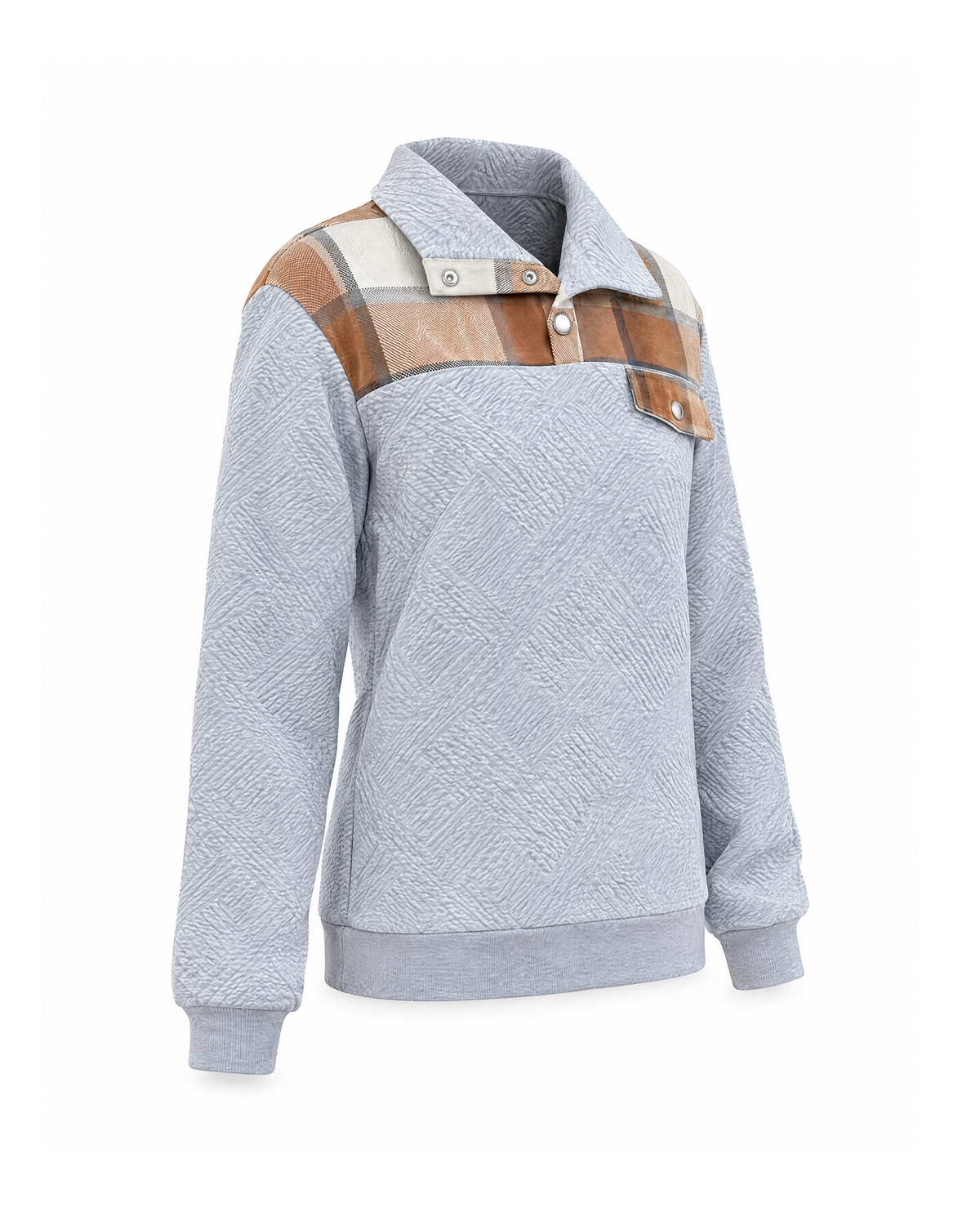 Light Grey plaid yoke sweatshirt with a snap collar, three-quarter view showing the textured body and ribbed hem