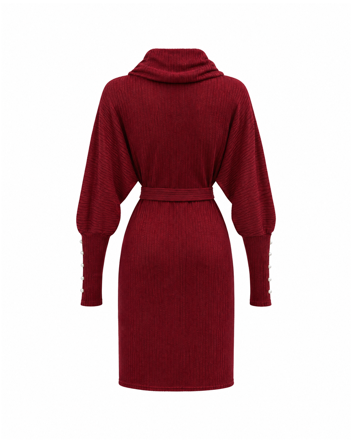 Burgundy cowl neck sweater dress with batwing sleeves, back view with the tie belt across the waist