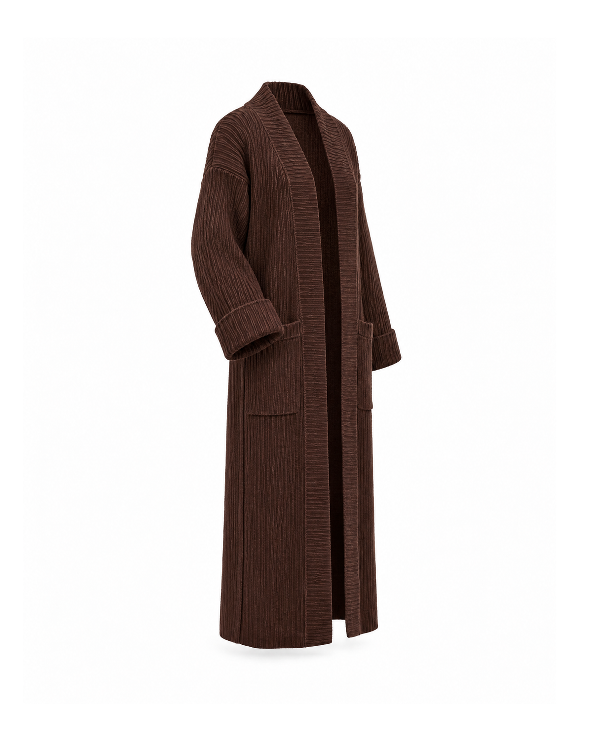 Brown maxi knit cardigan, three-quarter view showing a patch pocket, turn-up cuff and the full length