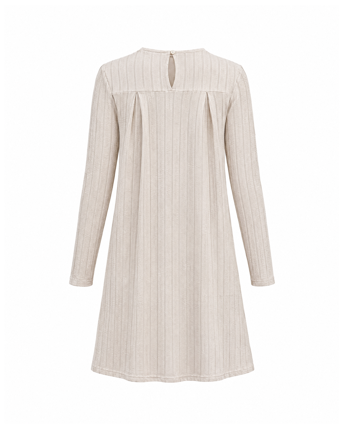 Beige ribbed knit shift dress with long sleeves, back view showing the buttoned keyhole and pleats below the back yoke