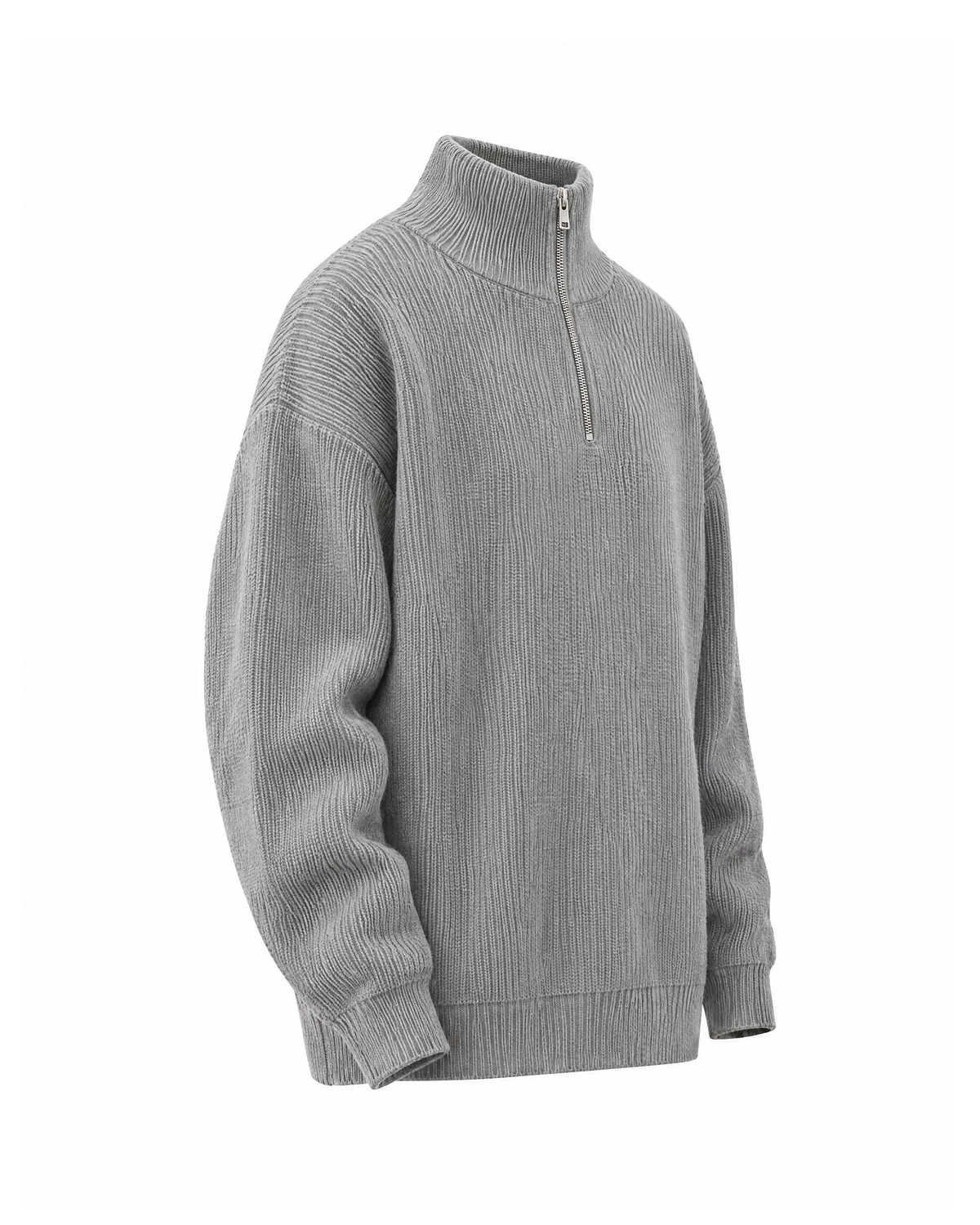 Grey quarter-zip ribbed sweater with a mock neck, three-quarter view showing the dropped shoulder and ribbed cuffs