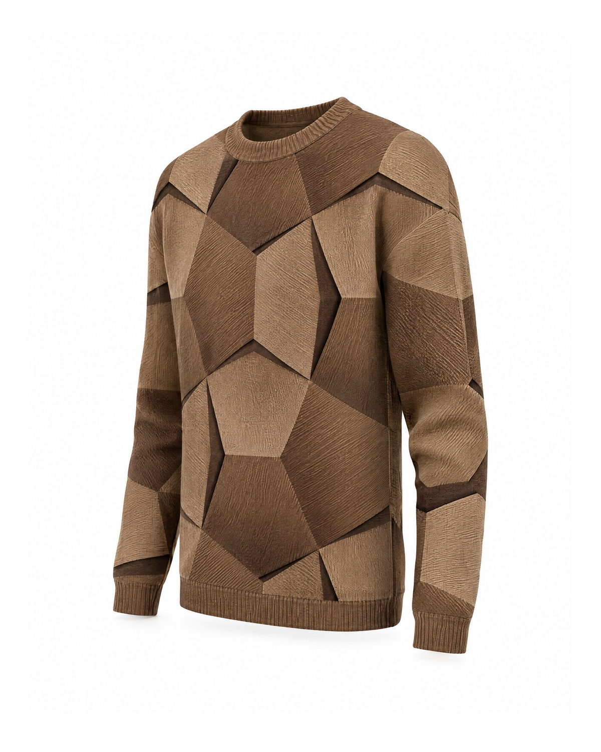 Brown geometric pattern sweater, three-quarter view showing the faceted panels running down the sleeve