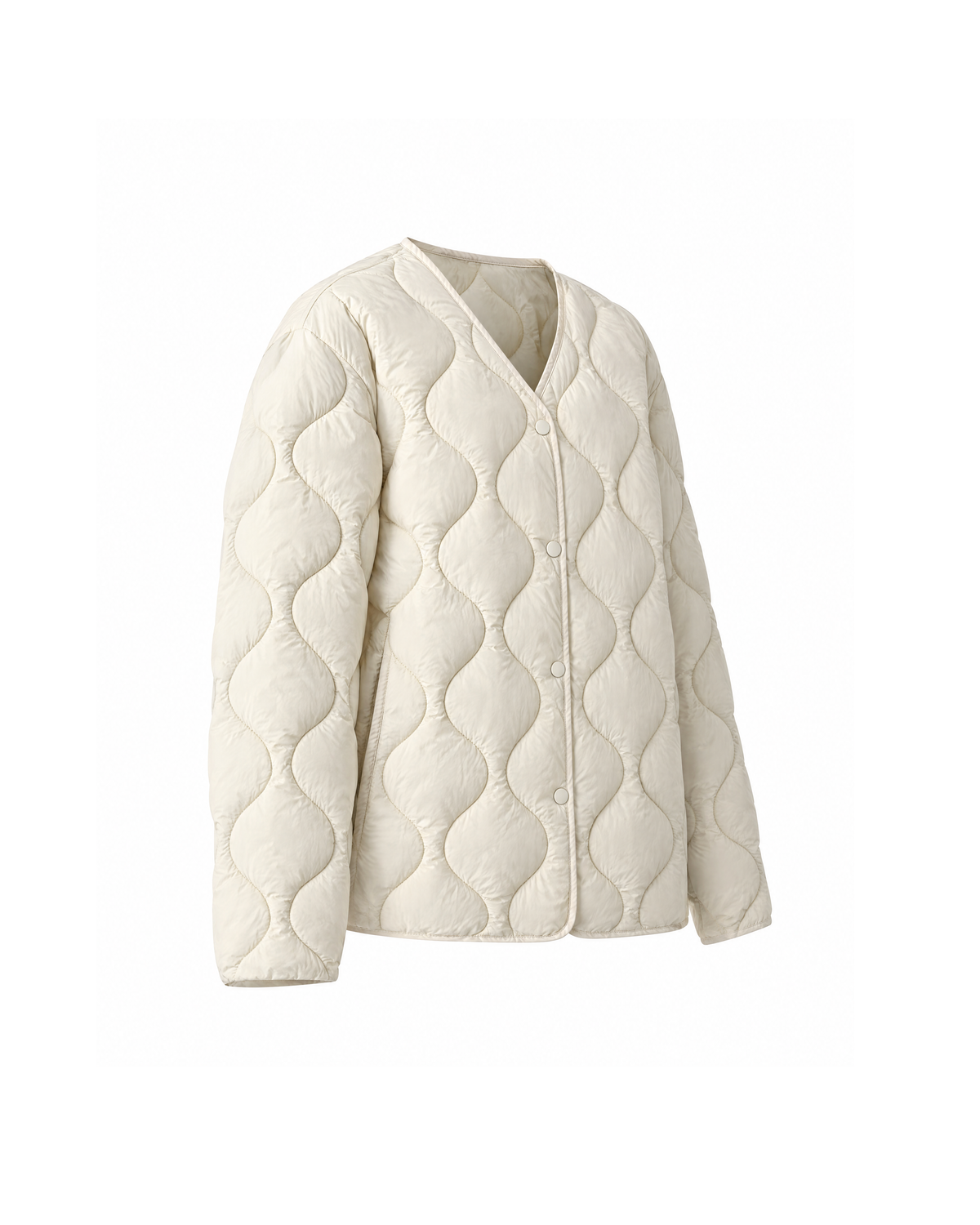 Ivory wave-quilted lightweight jacket seen from a three-quarter angle on a white background, showing the shoulder seam, side seam and quilted sleeve.
