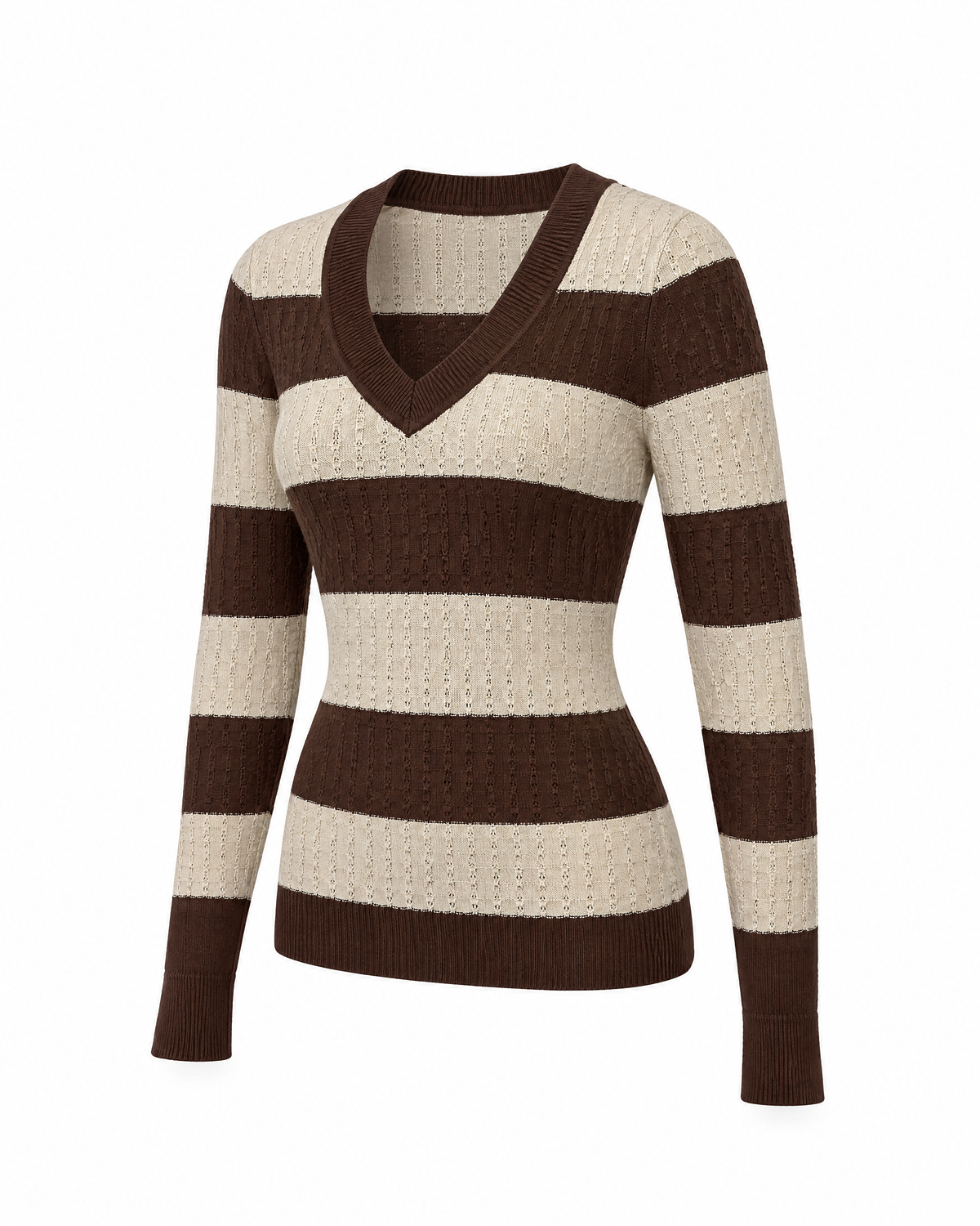 Brown/Beige striped V-neck sweater in textured knit, three-quarter view showing the ribbed cuff and side seam