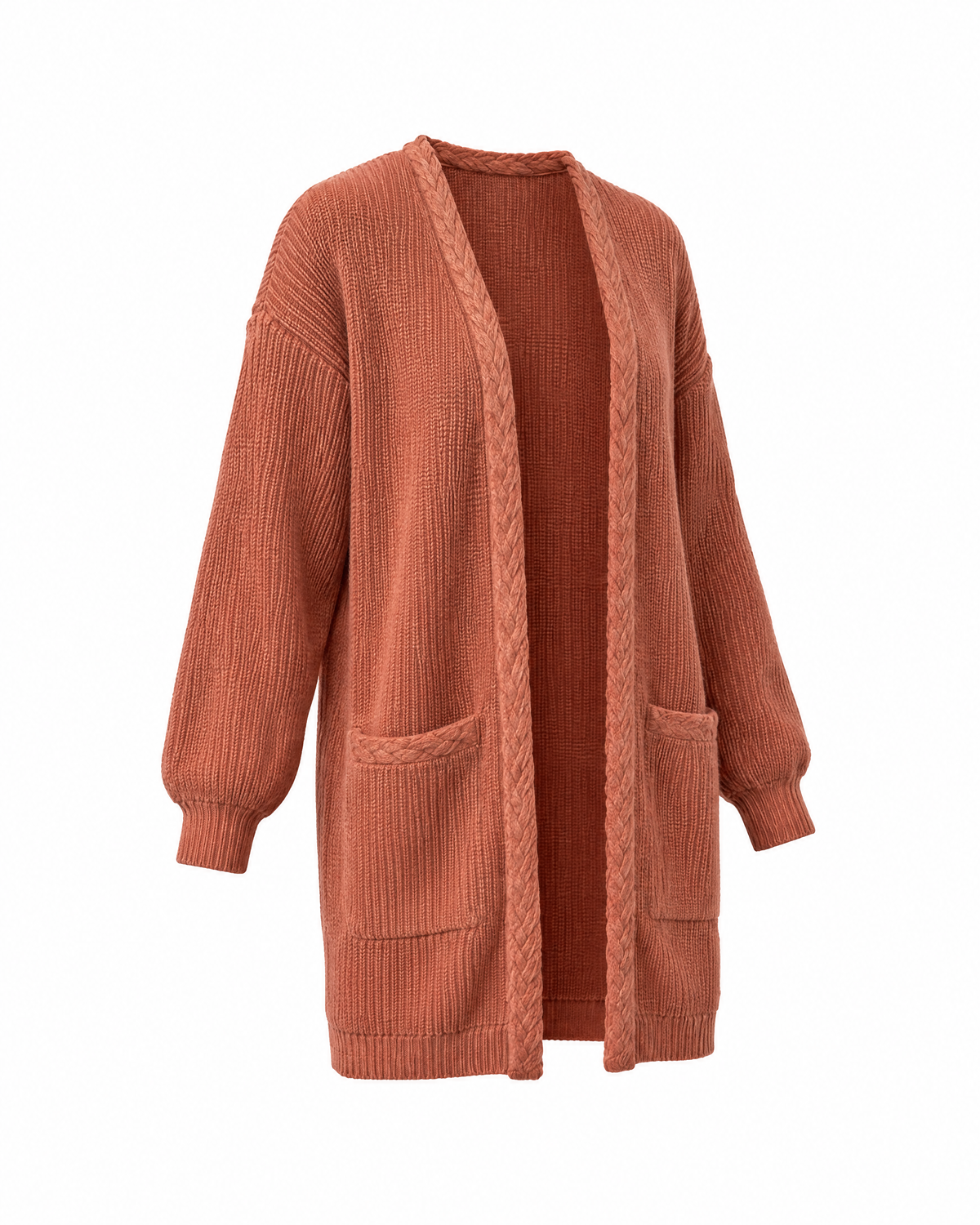 Brick Red ribbed open-front cardigan with cable-braid edges and patch pockets, three-quarter view showing the dropped shoulder and ribbed cuff