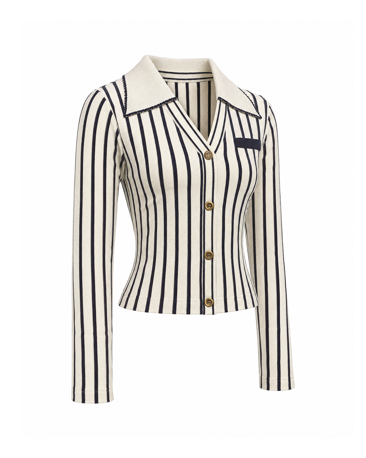 Cream/Navy striped knit cardigan with shirt collar and four buttons, three-quarter view showing the side seam and sleeve