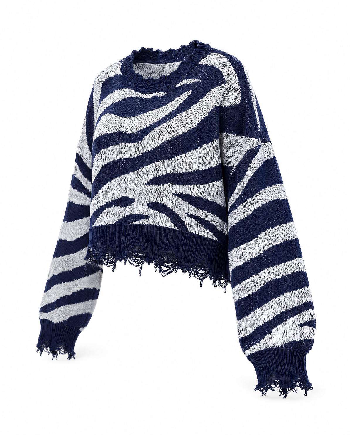 Navy Blue/White zebra stripe cropped sweater at a front three-quarter angle against white, showing the batwing sleeve and the side of the body