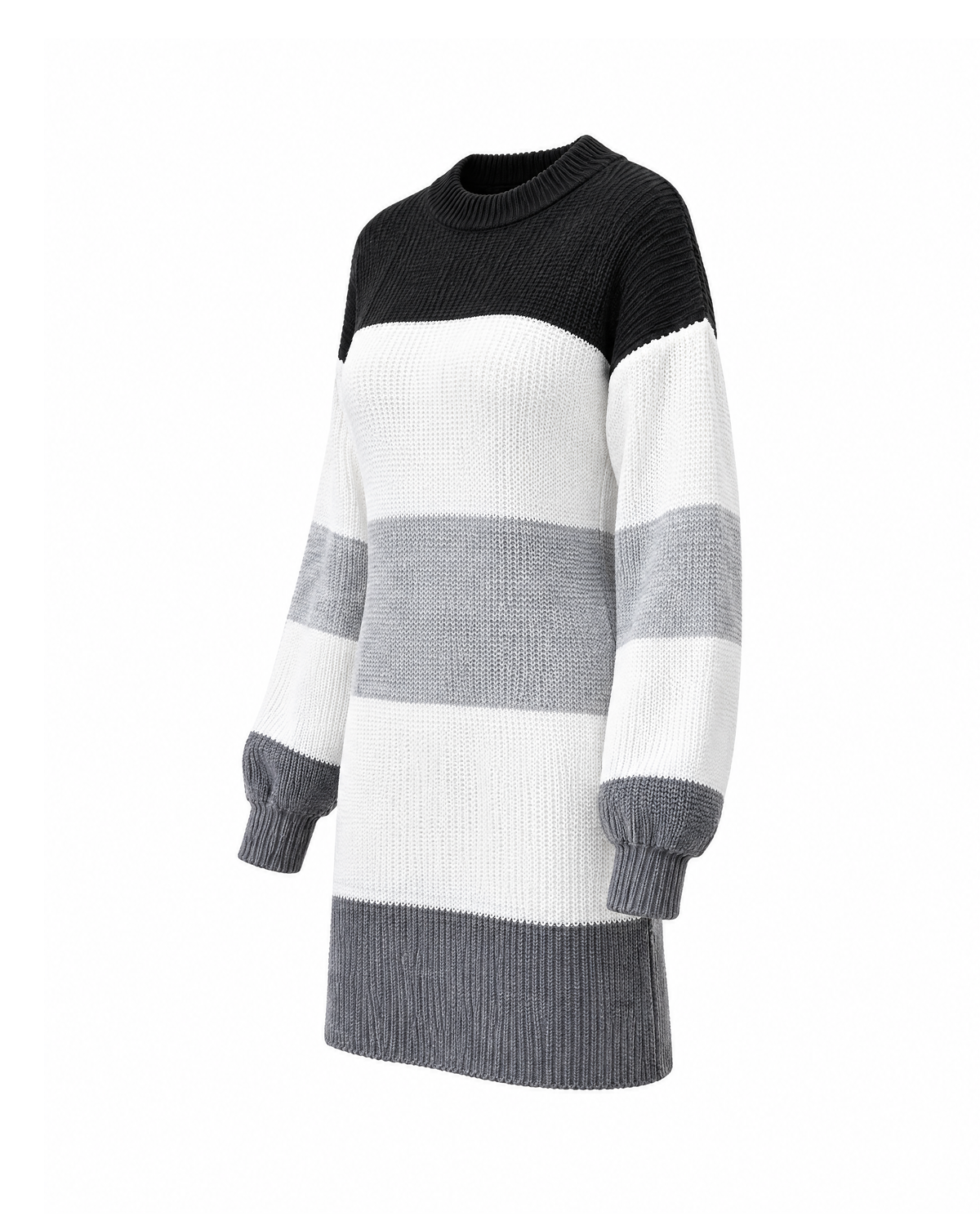 Color block sweater dress in White/Grey/Black, three-quarter view showing the side seam, dropped shoulder and full sleeve gathered into a dark grey cuff