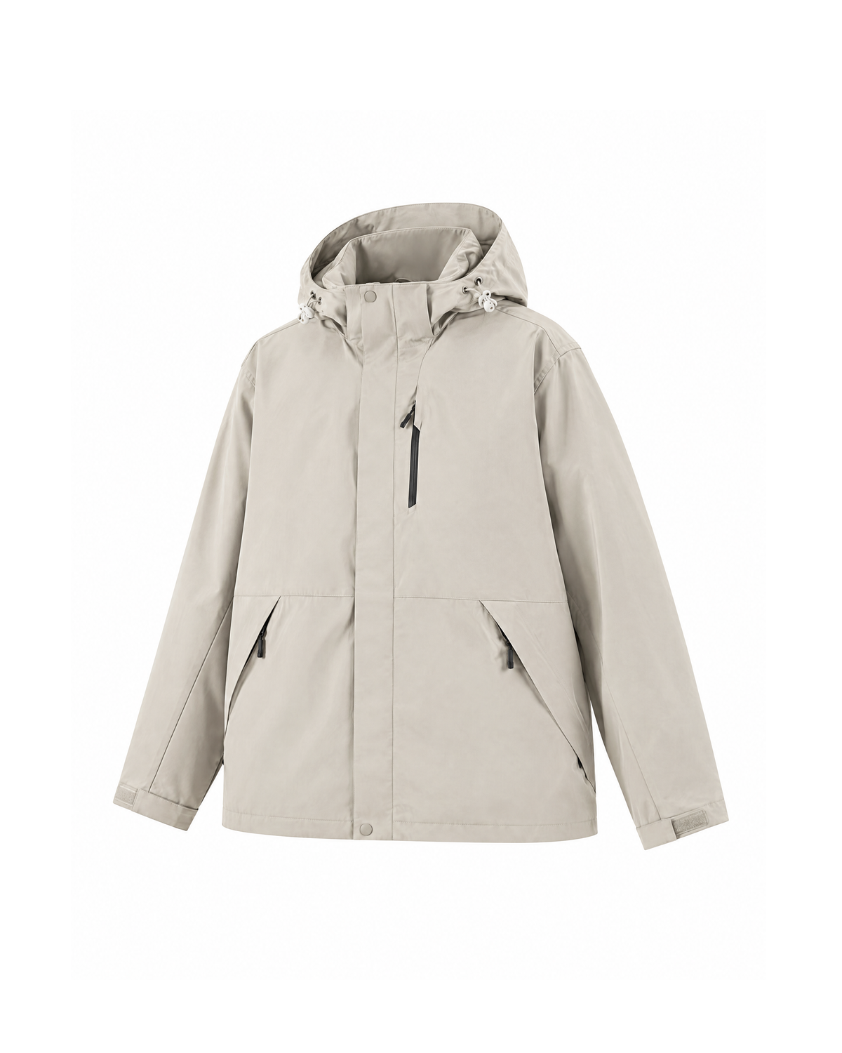 Three-quarter view of the Stone hooded windbreaker jacket showing the side seam, the hook-and-loop cuff tab and the angled hip zip pocket