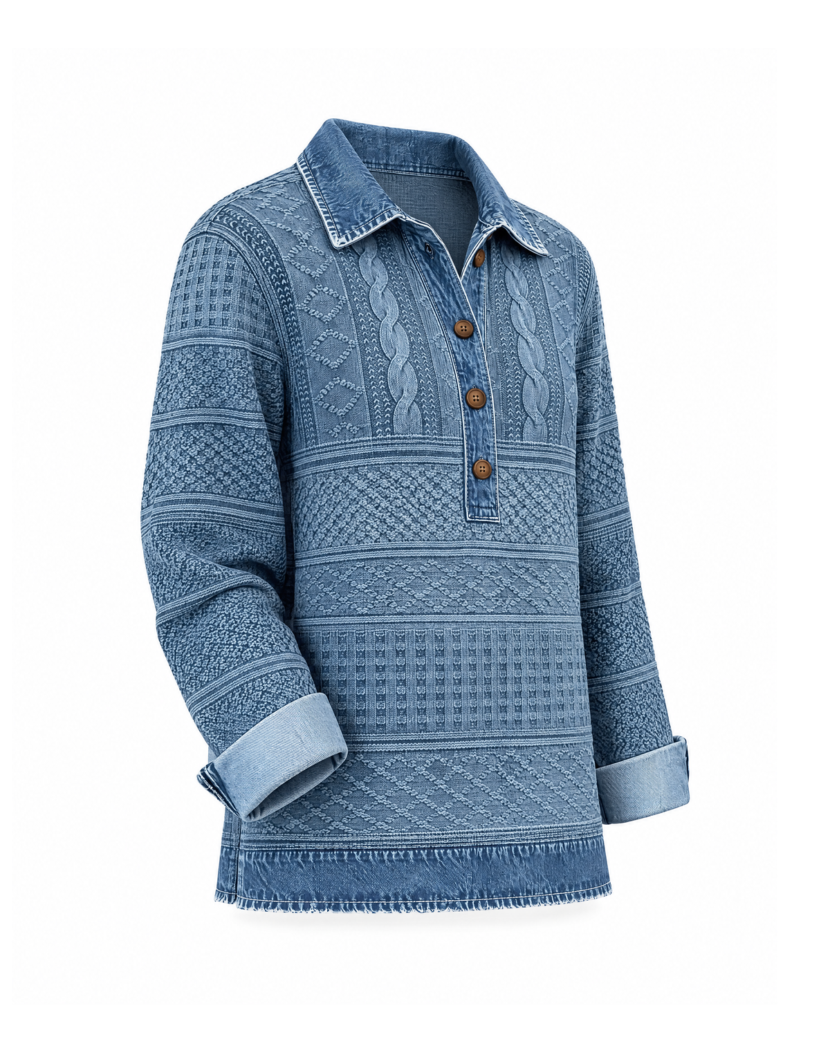 Knit-look half-button pullover in Blue, three-quarter view showing the side, textured sleeve with denim-look turn-back cuff and frayed denim-look hem band