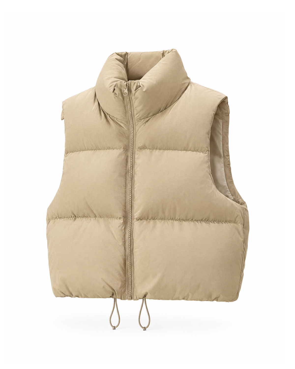 Khaki cropped puffer vest seen from a front three-quarter angle, showing the side seam, the quilted channels and the two drawcord ends at the hem