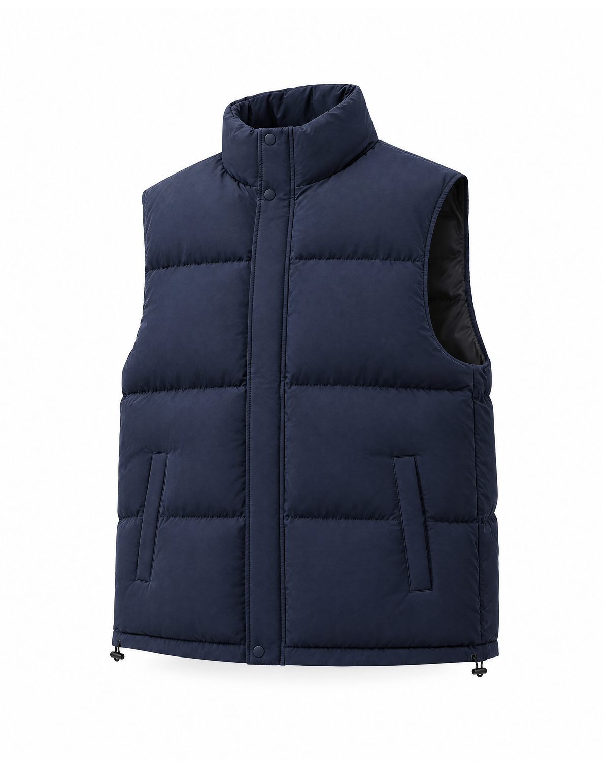 Navy quilted puffer vest at a three-quarter angle on white, showing the bound armhole, the depth of the padding and the drawcord at the hem