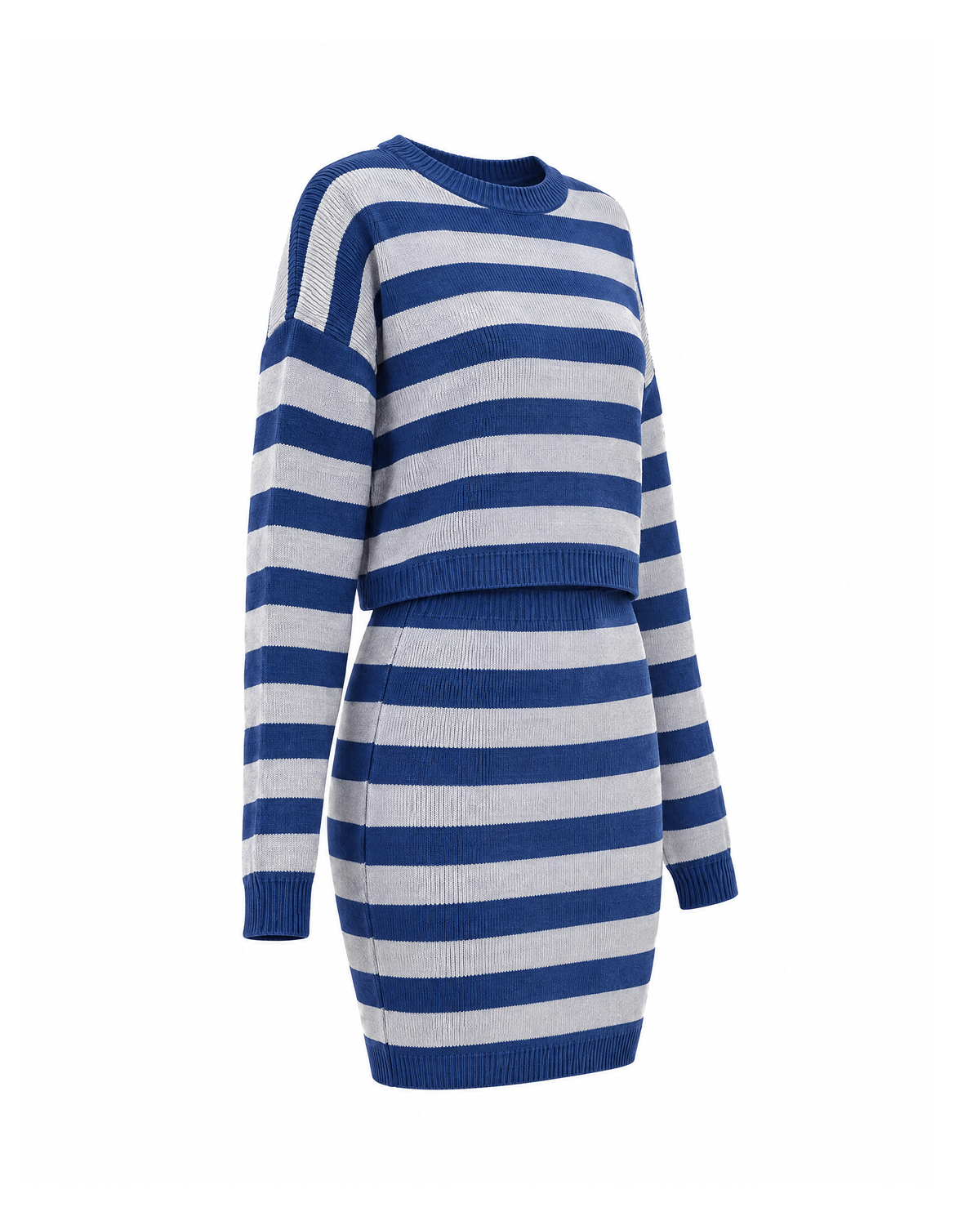 Striped knit sweater and mini skirt set in Blue/Grey, three-quarter view showing the side of the cropped sweater, long striped sleeve and fitted mini skirt