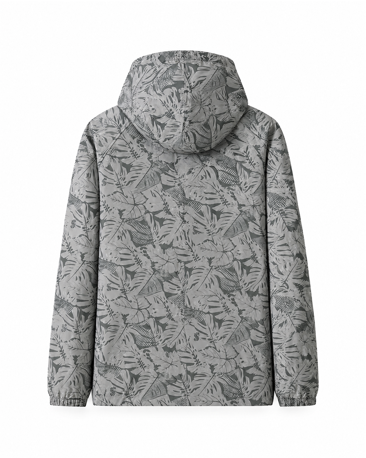 Back view of the same Light Grey hooded windbreaker, showing the printed back panel, raglan sleeve seams and elasticated cuffs
