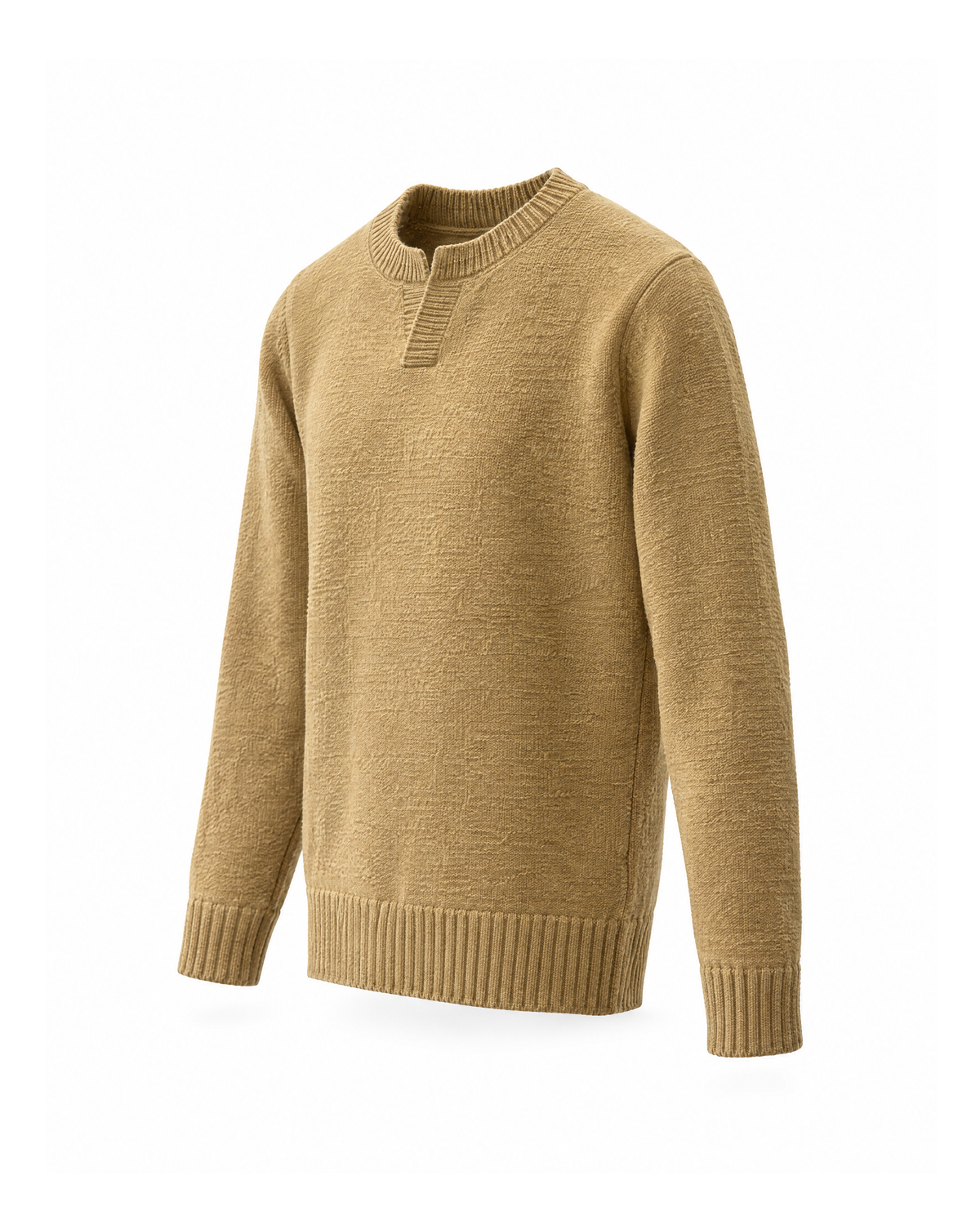 Khaki notch neck knit sweater, three-quarter side view on white, showing the side seam, set-in sleeve and ribbed hem