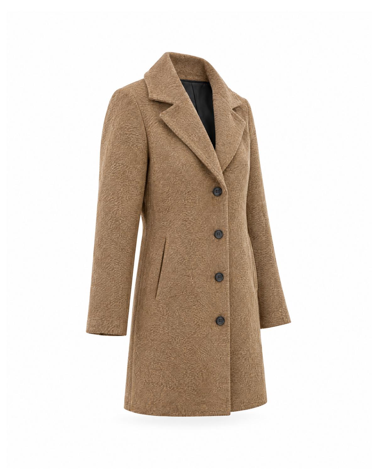 Front three-quarter view of the Camel coat, showing the rolled lapel, the side seam and the black lining at the neck.