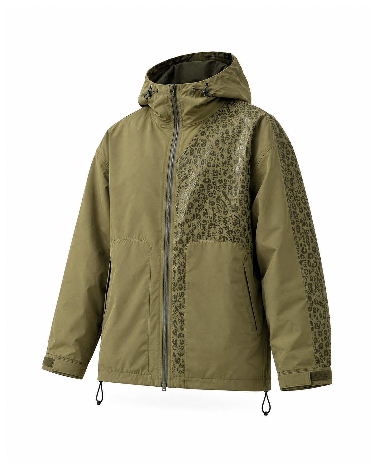 Olive Green hooded windbreaker jacket at a three-quarter angle on white, showing the slanted hip pocket, the hem drawcords and the leopard-print band on the sleeve