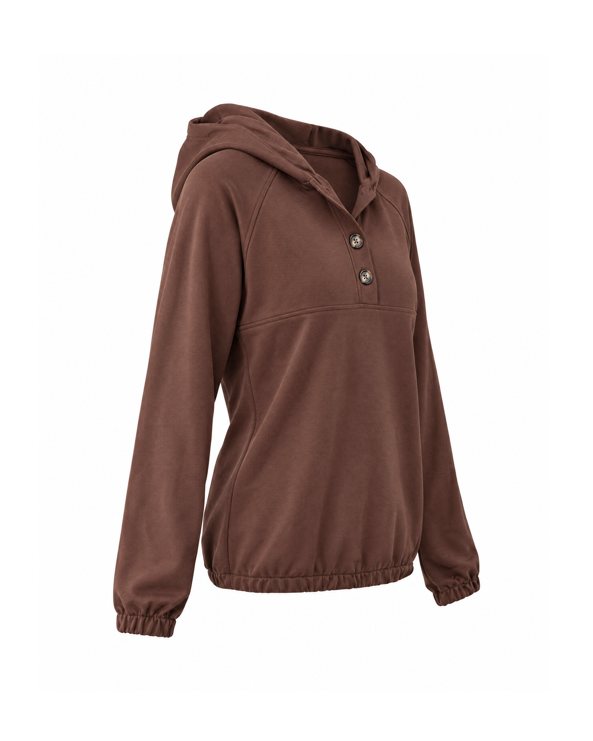 Coffee button placket hoodie, three-quarter view on white, showing the side of the hood, the raglan sleeve and the gathered hem