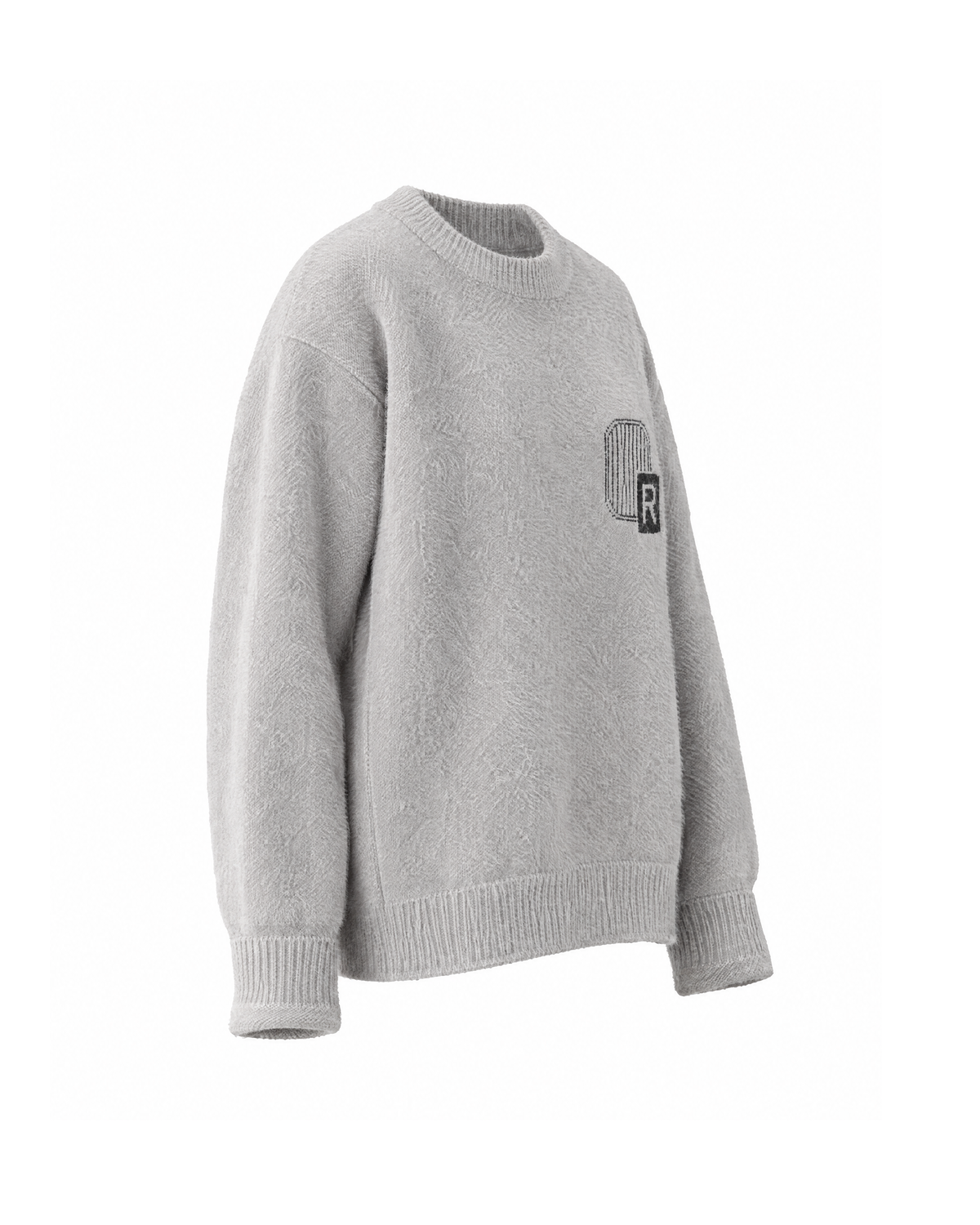 Light Grey fuzzy knit crew neck sweater, three-quarter view on white, showing the dropped shoulder, side seam and chest motif