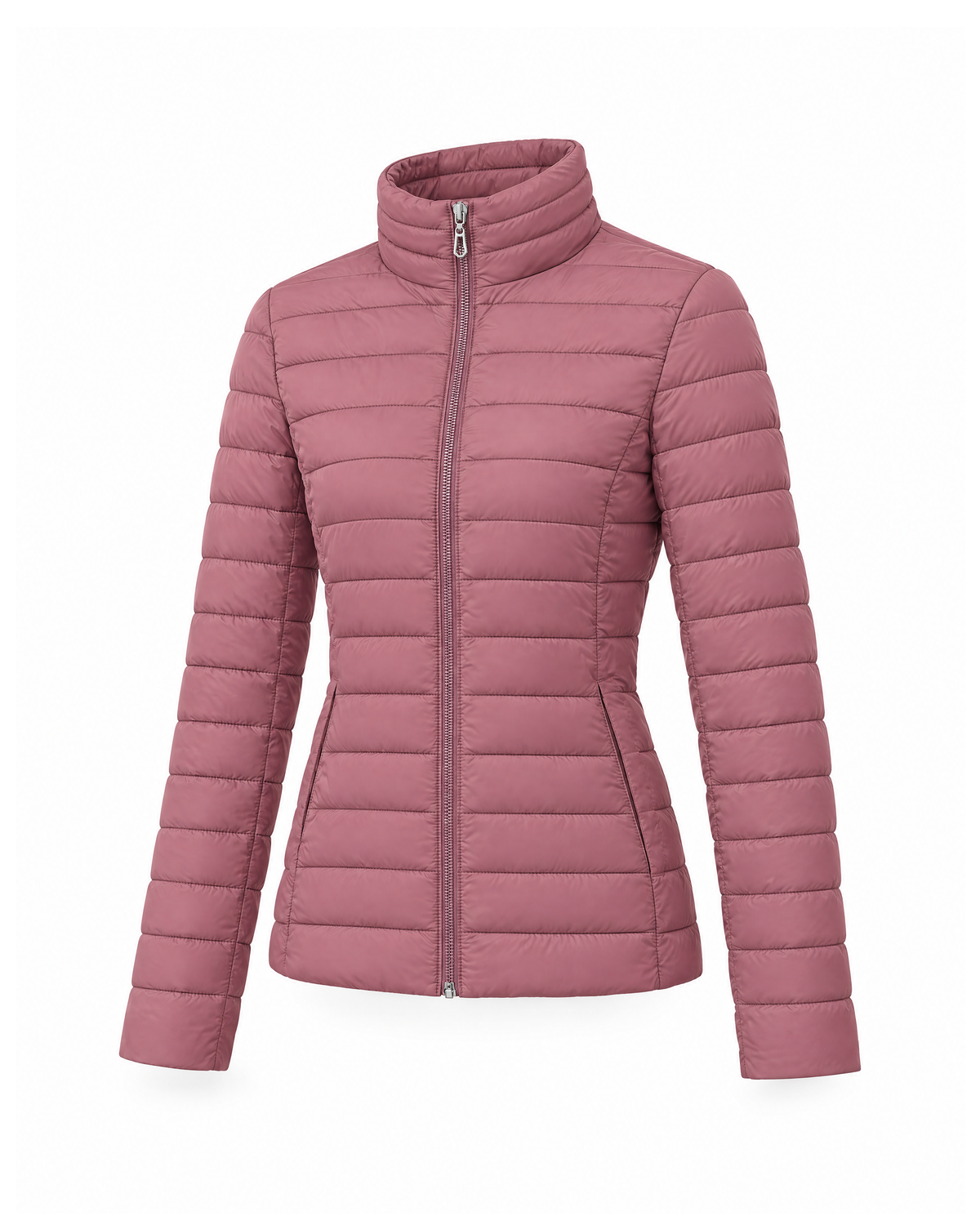 Three-quarter view of the Mauve lightweight quilted puffer jacket showing the side seam, the slanted hip pocket and the plain sleeve cuff