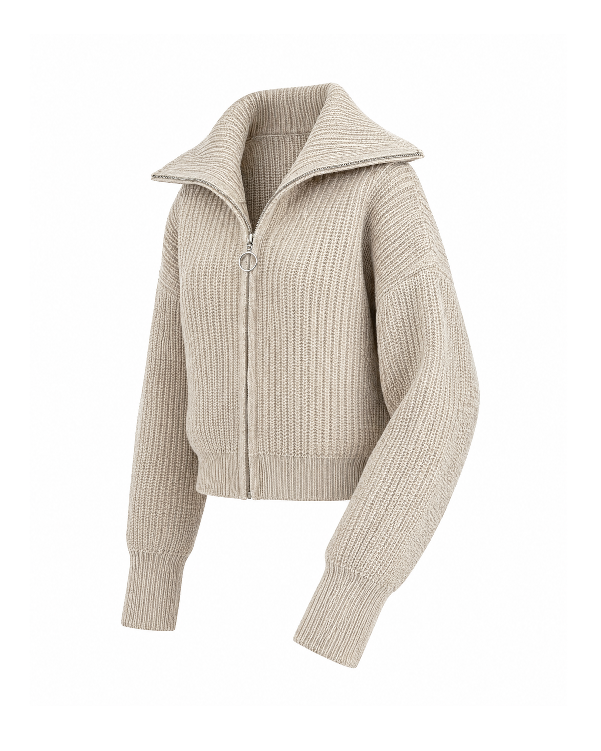 Beige zip-up rib knit cardigan, three-quarter view on white, showing the oversized collar, dropped shoulder and cropped ribbed hem