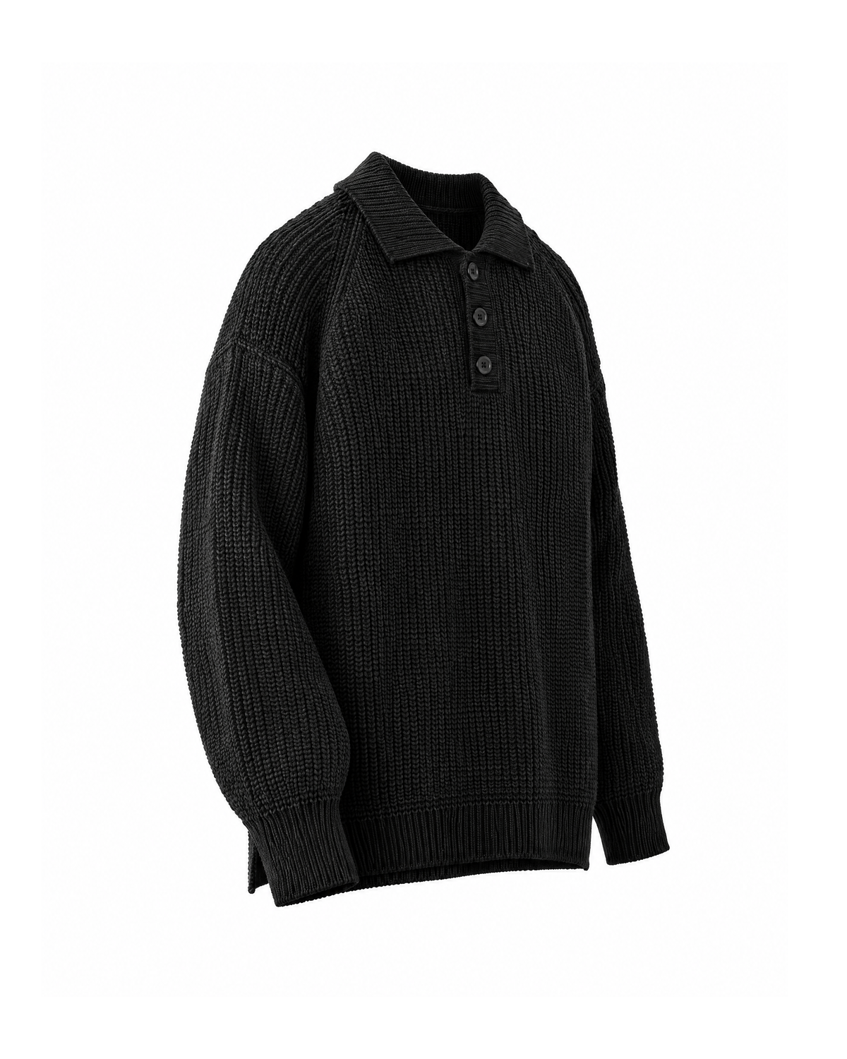 Black polo collar knit sweater, three-quarter view on white, showing the chunky rib, the raglan sleeve seam and the side slit at the hem