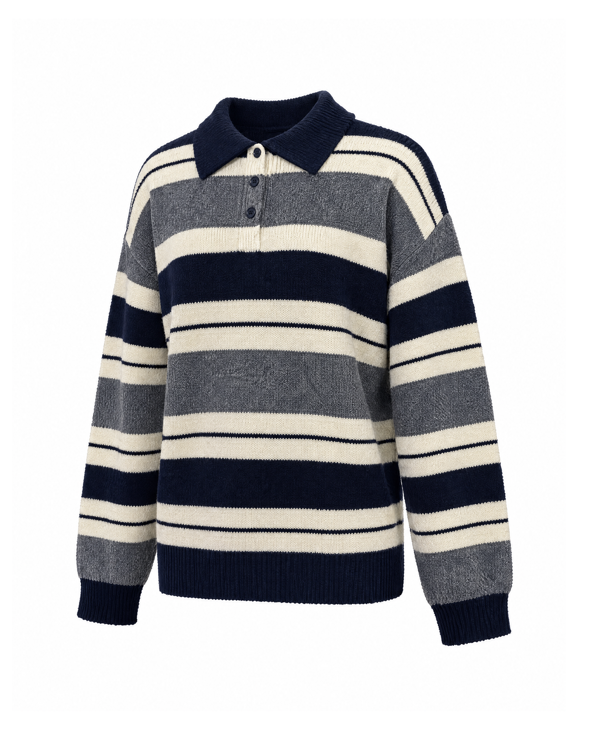 Navy/Grey/Cream striped polo collar sweater with three-button placket, three-quarter view showing the dropped shoulder and ribbed cuff