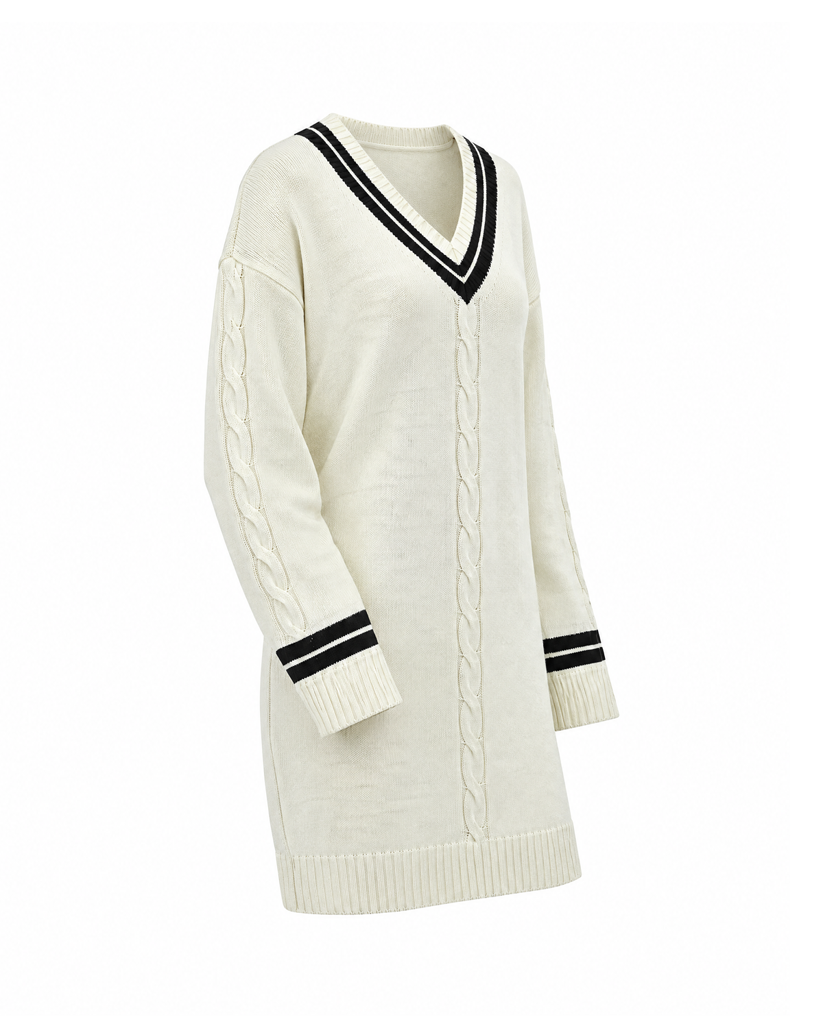 V-neck cable knit sweater dress in Off-White, three-quarter view showing the side seam, sleeve cable and striped cuff