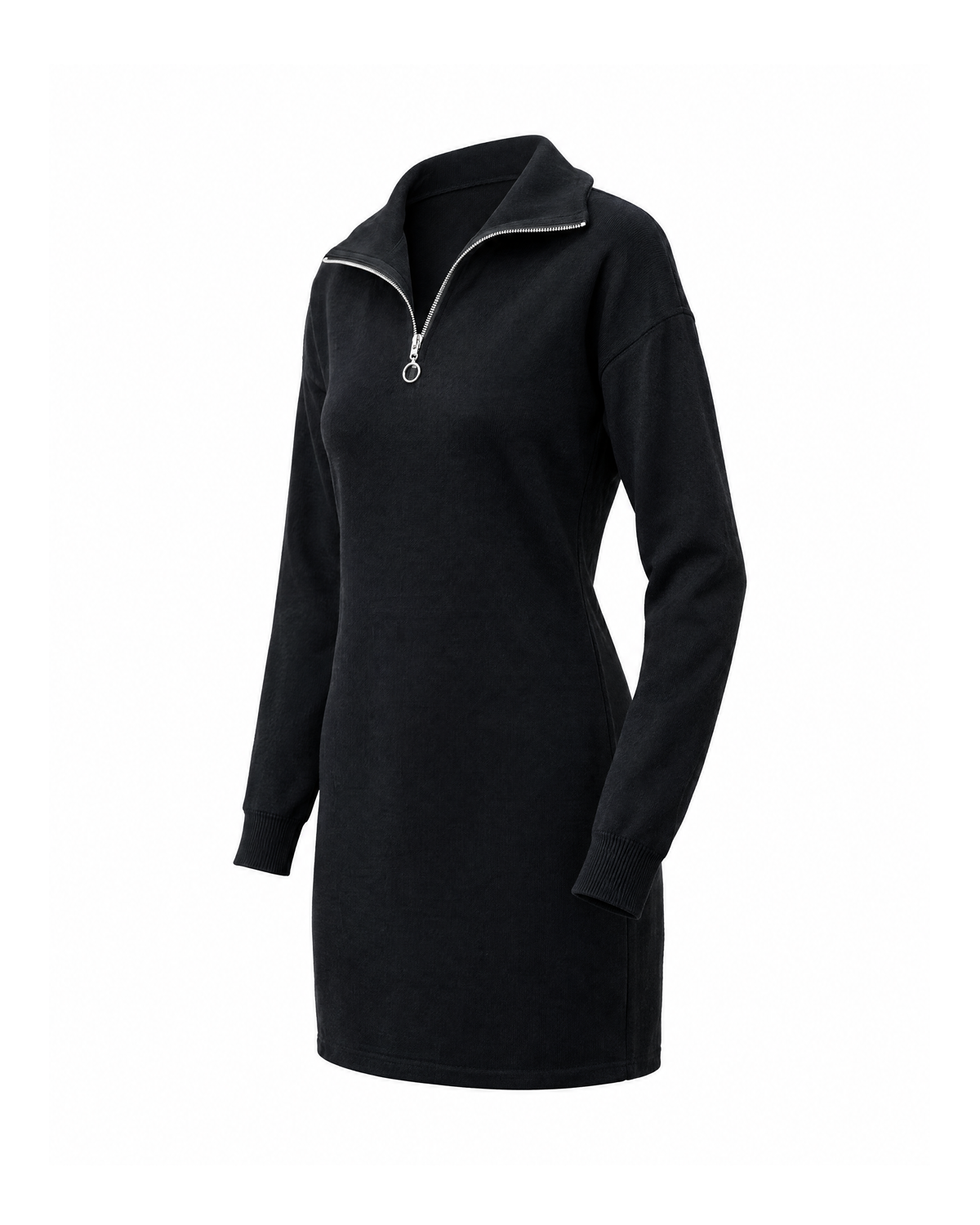 Black quarter-zip sweater dress, three-quarter view on white, showing the collar from the side, the sleeve and the straight mini hem