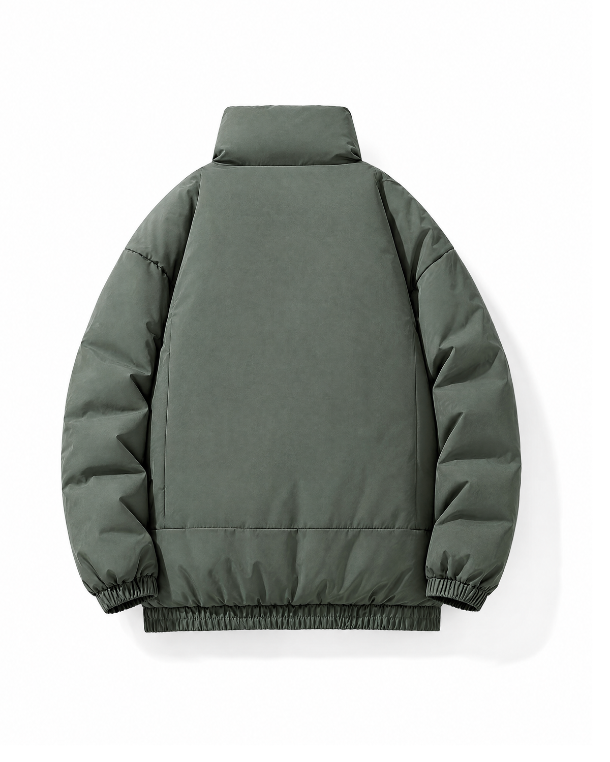 Back view of the same Olive Green padded jacket, showing the centre back panel, the elasticated hem band and the stand collar.