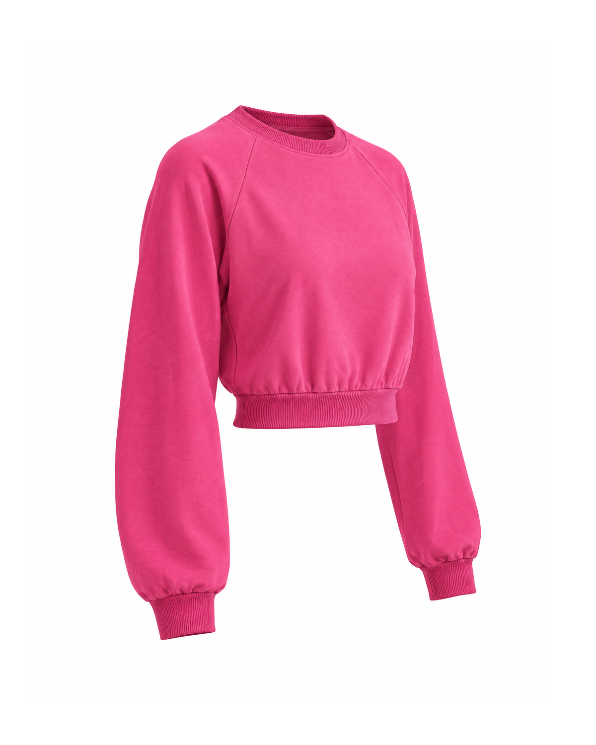 Cropped raglan sweatshirt in Magenta, three-quarter view showing the raglan seam, full sleeve and cropped ribbed hem