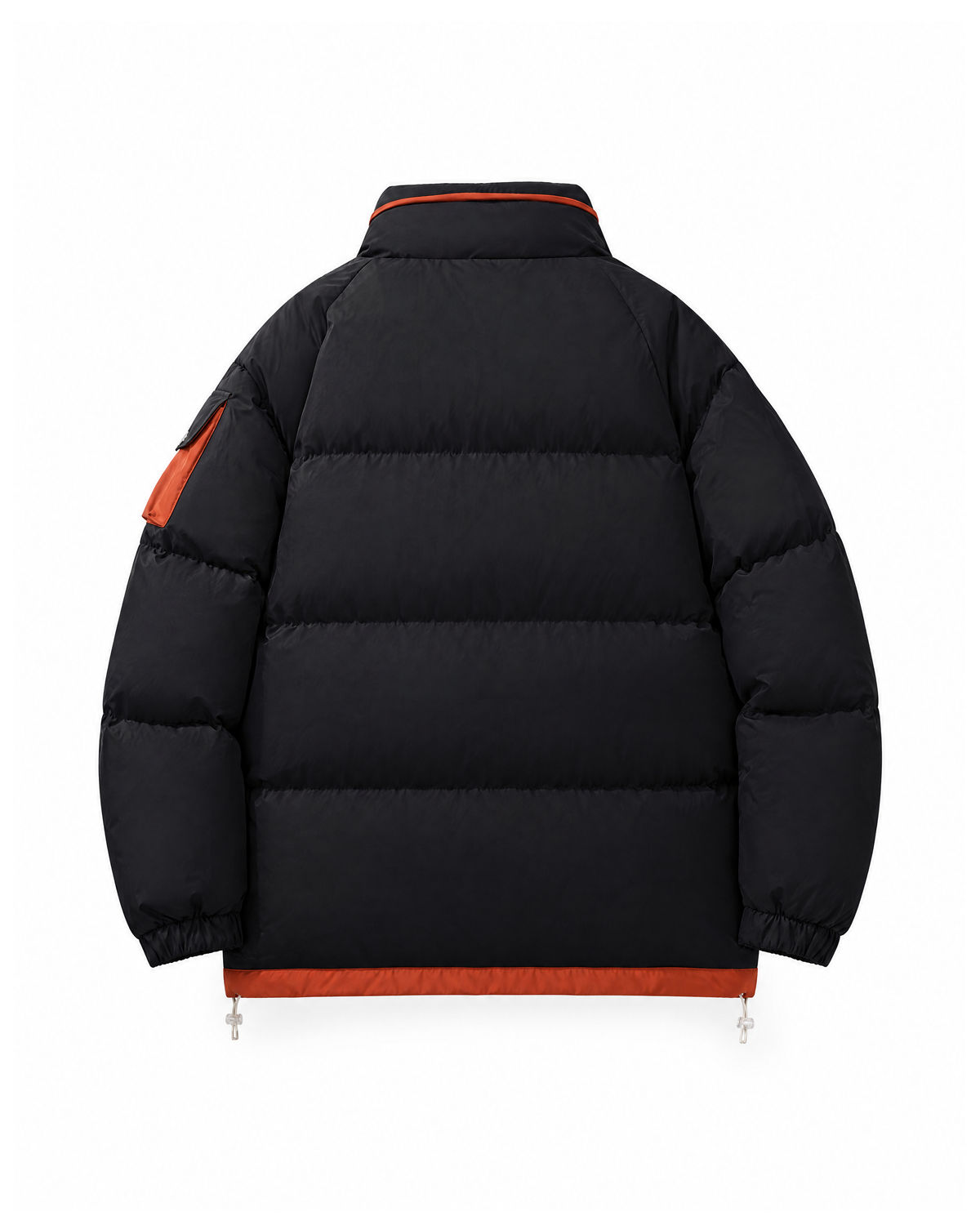 Back view of the same black padded puffer jacket, showing the quilted back panel and the rust orange hem binding