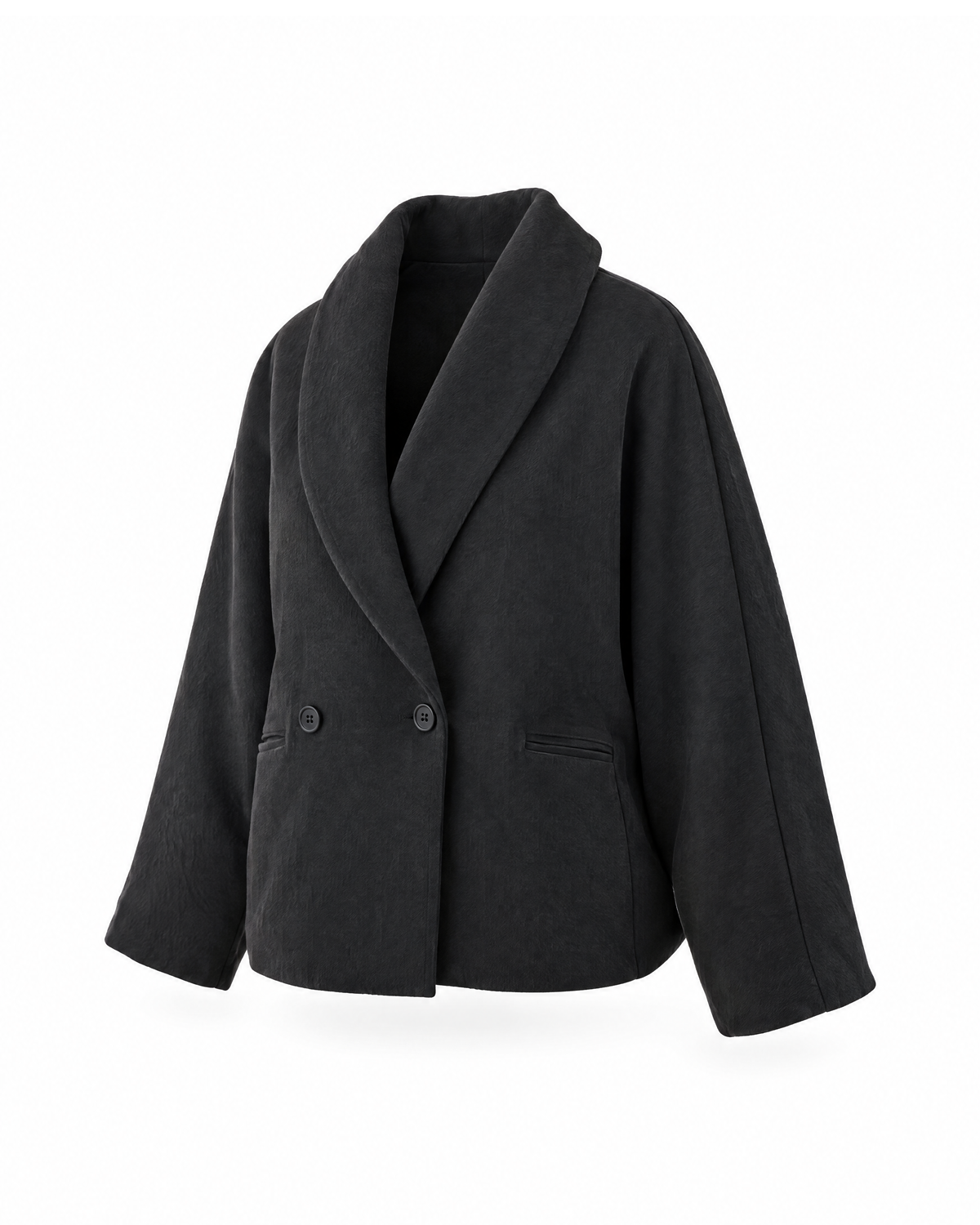 Front three-quarter view of the same Black shawl collar coat, showing the batwing sleeve depth and a welt hip pocket.