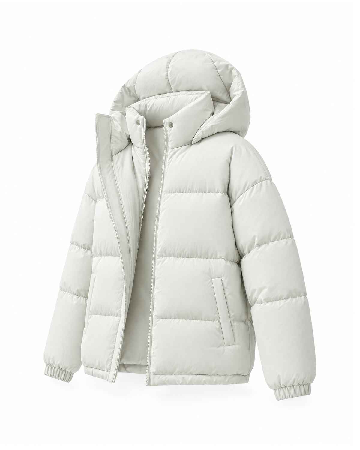Front three-quarter view of the same Off-White quilted puffer jacket, showing the side seam, welt hip pocket and elasticated cuff.