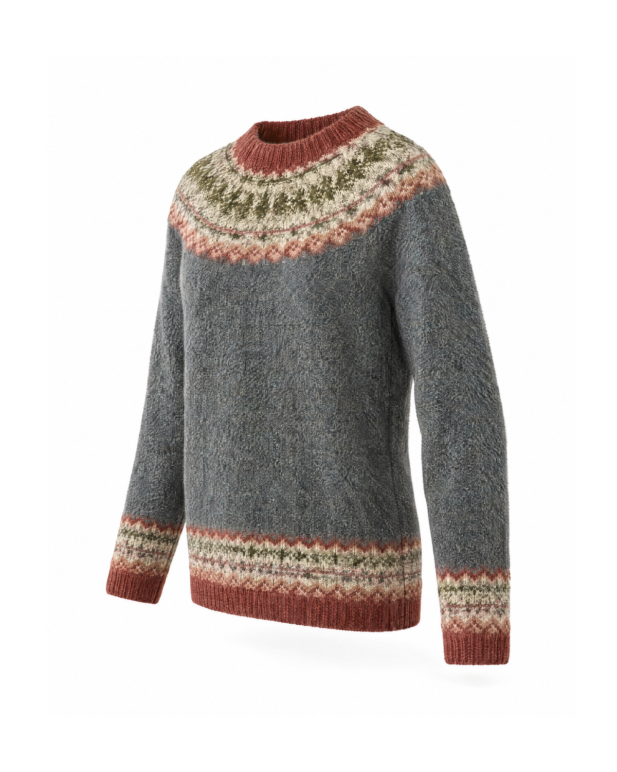 Dark Grey Fair Isle knit sweater, three-quarter view on white, showing the patterned yoke curving round the shoulder and the rust ribbed hem