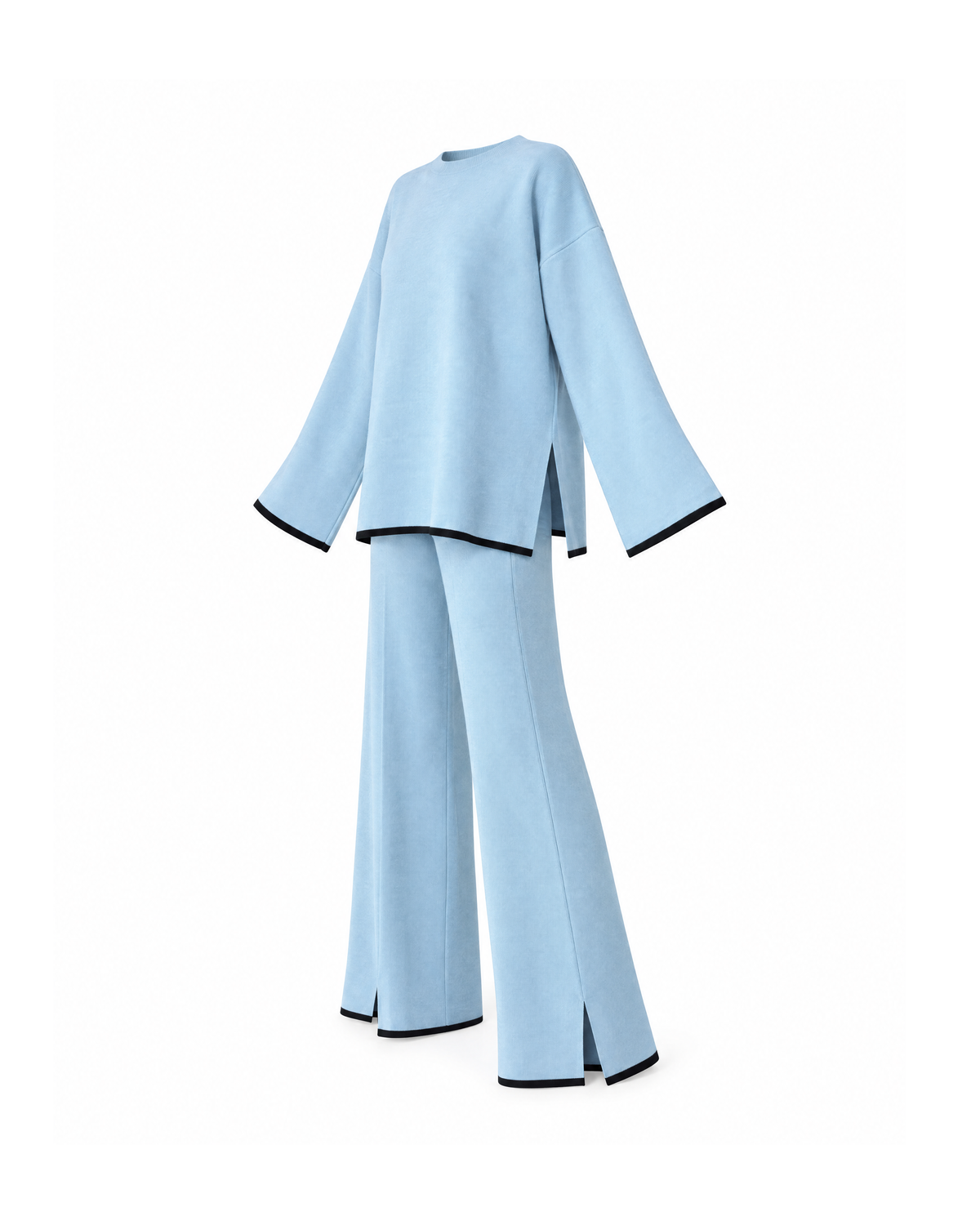 Light Blue oversized knit sweater and wide leg pants set, three-quarter view on white, showing the sweater side slit and the wide pant legs