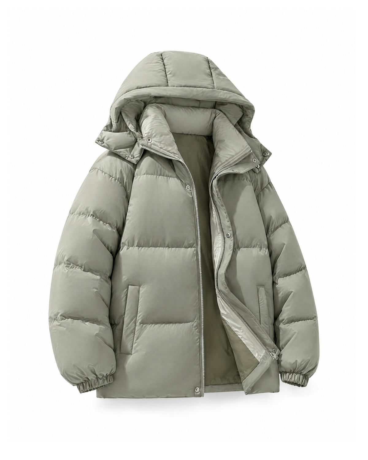 Three-quarter front view of the Sage Green puffer jacket showing the quilted channels, side-seam pocket and elasticated cuff