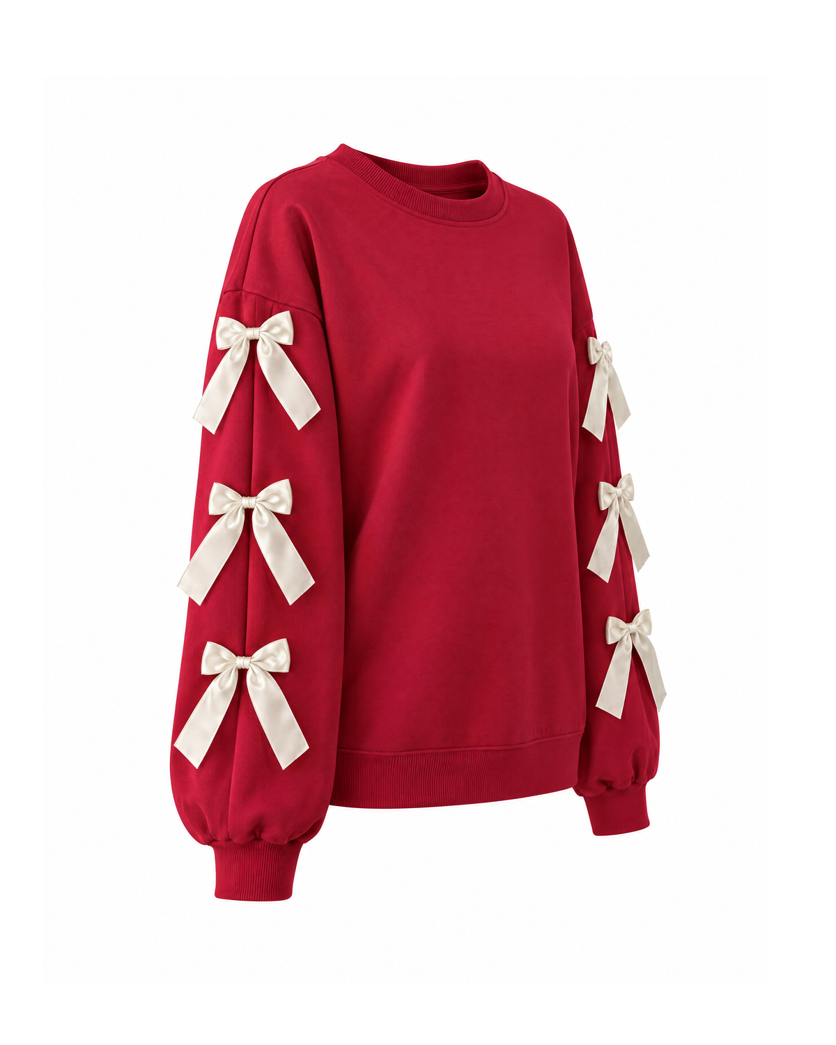 Red bow sleeve sweatshirt, three-quarter view on white, showing the three cream satin bows along the forward sleeve and the dropped shoulder