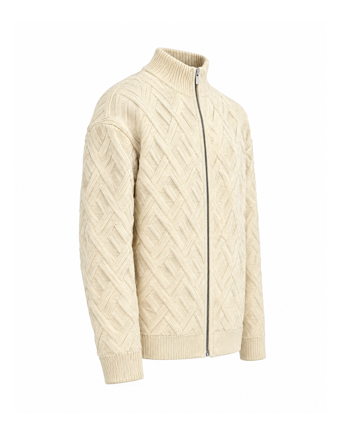 Men's zip-up cardigan with lattice knit in Cream, three-quarter view showing the dropped shoulder, lattice sleeve and silver-tone zip