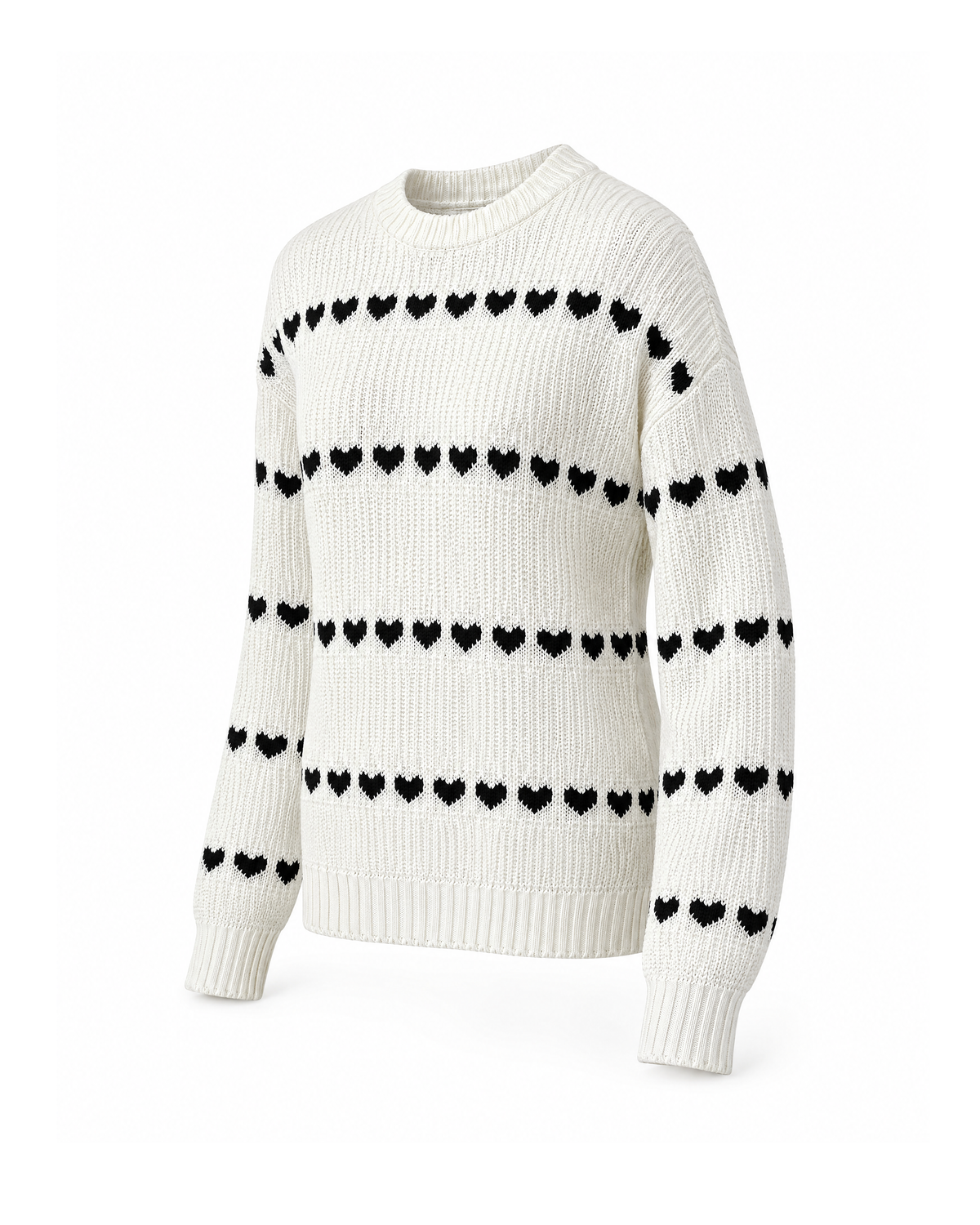 Heart pattern knit sweater in White/Black, three-quarter view on white, showing the black heart rows curving round the body and along the sleeve