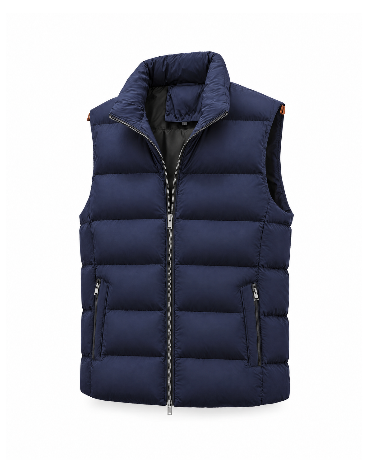 Three-quarter view of the Navy Blue men's padded puffer vest showing the quilted side panel, the bound armhole and a hip zip pocket